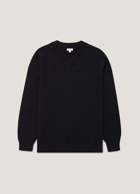 Men's Lambswool V-neck Jumper in Dark Navy Mouline Minimalist Seams Street Ready Cozy Moments Men's Lambswool V-neck Jumper in Dark Navy Mouline