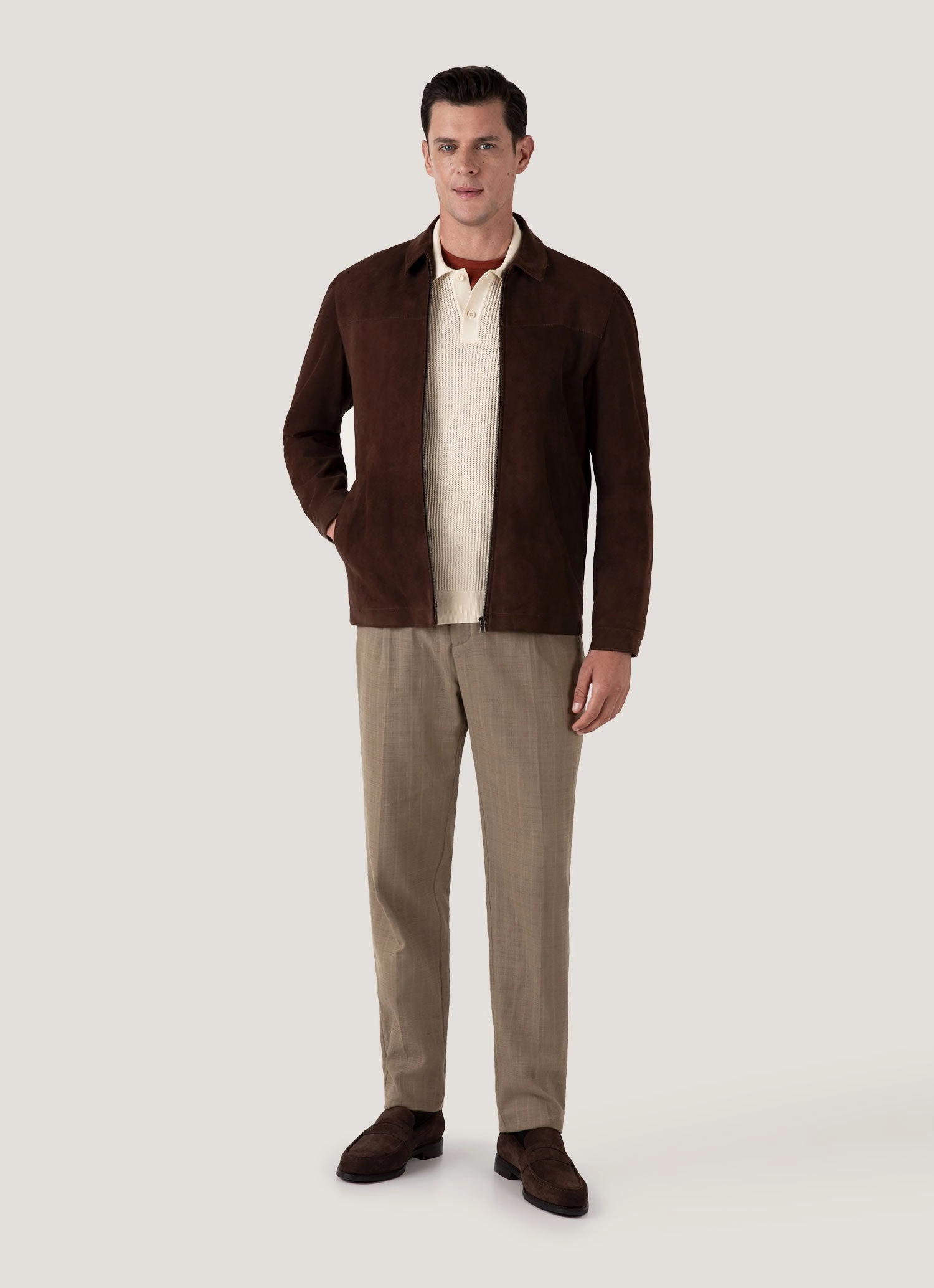 Men's Linear Mesh Knit Polo Shirt in Ecru Bamboo Fiber Blend Relaxed Wear