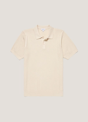 Men's Linear Mesh Knit Polo Shirt in Ecru Tailored Edge Men's Linear Mesh Knit Polo Shirt in Ecru Sporty Chic