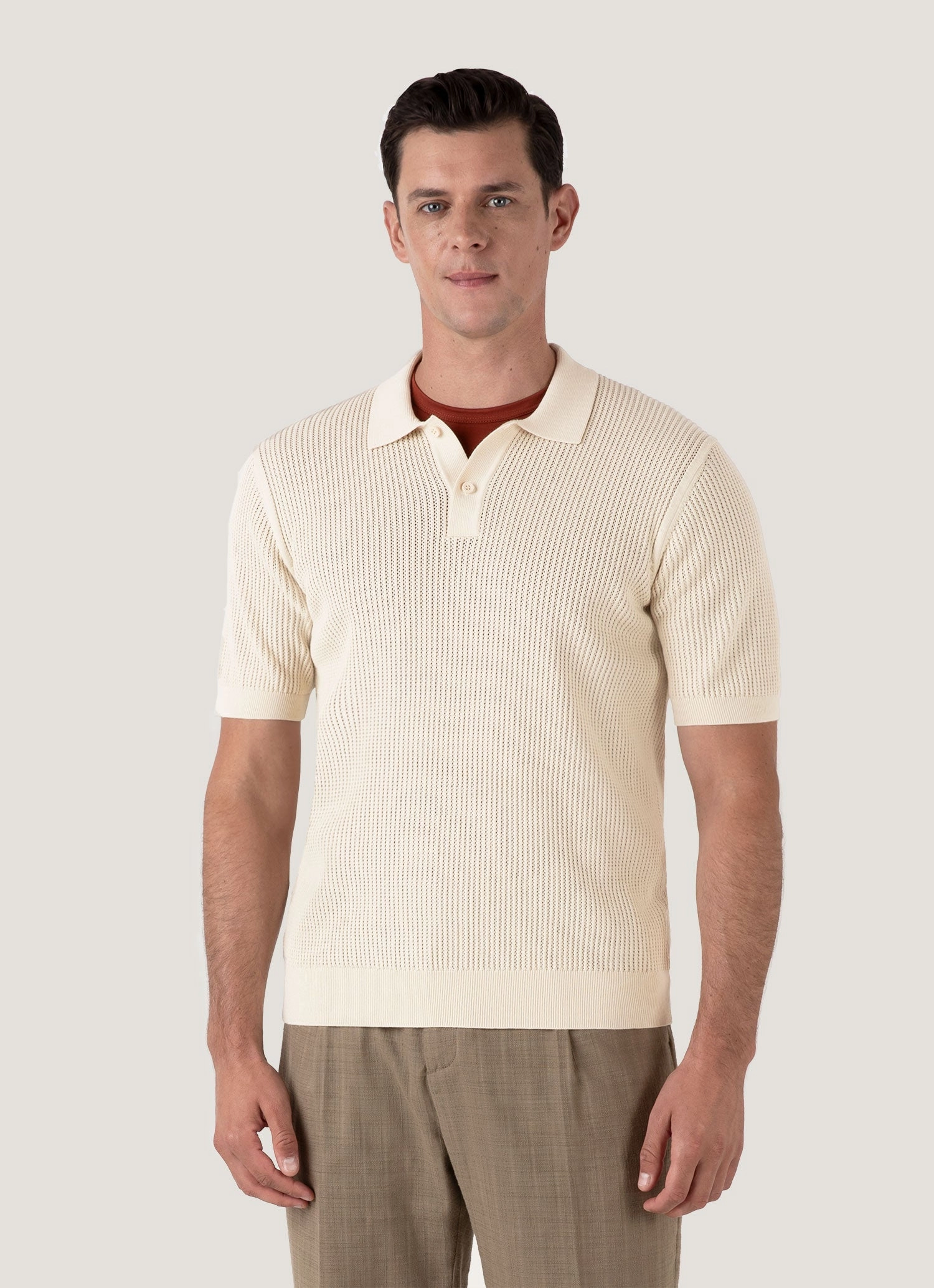 Versatile Fit Breathable Weave Men's Linear Mesh Knit Polo Shirt in Ecru