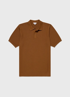 Men's Linear Mesh Knit Polo Shirt in Golden Brown Cozy Wear Men's Linear Mesh Knit Polo Shirt in Golden Brown Casual Shirt Comfort Apparel