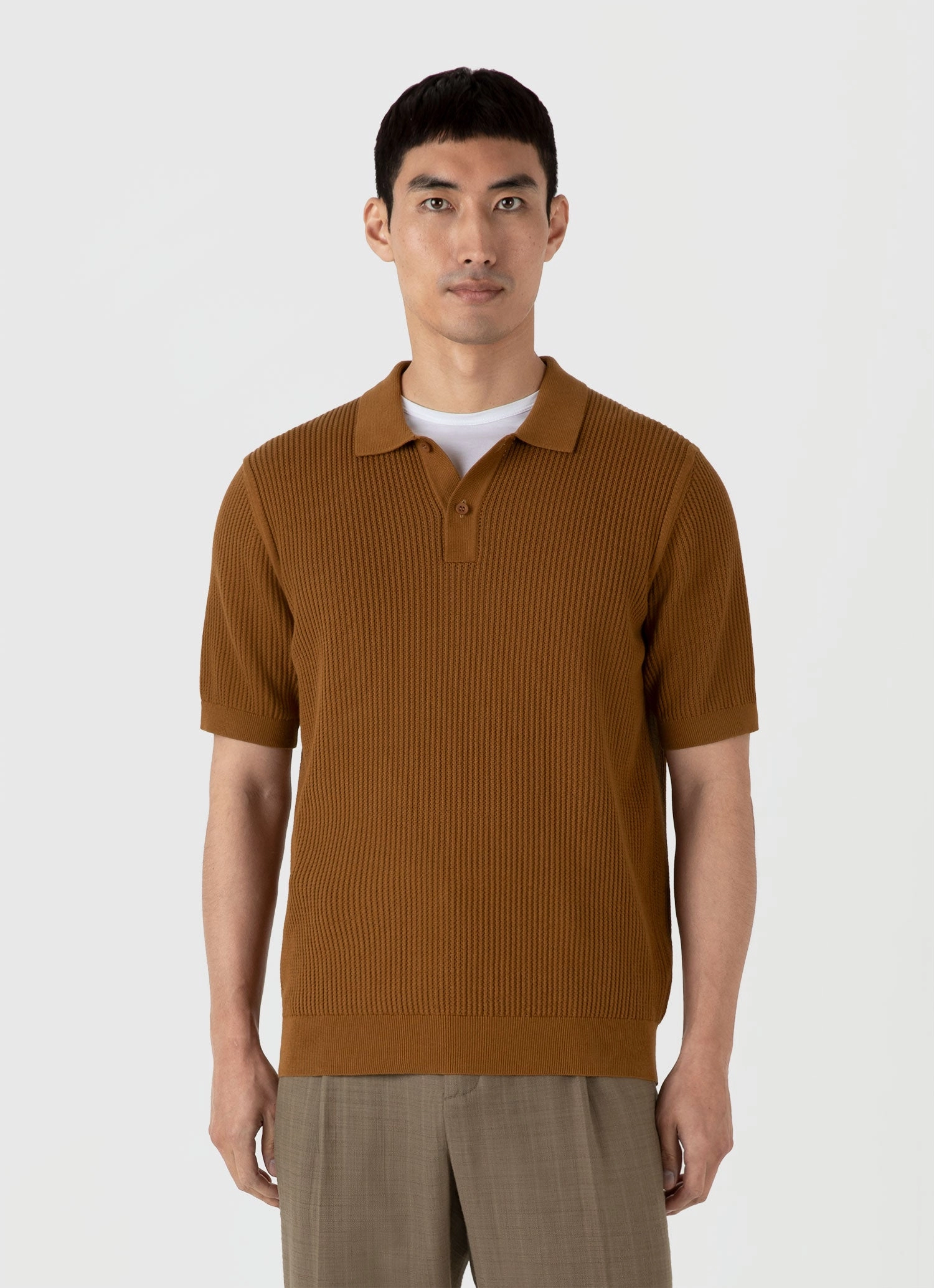 Men's Linear Mesh Knit Polo Shirt in Golden Brown EcoFriendly Material