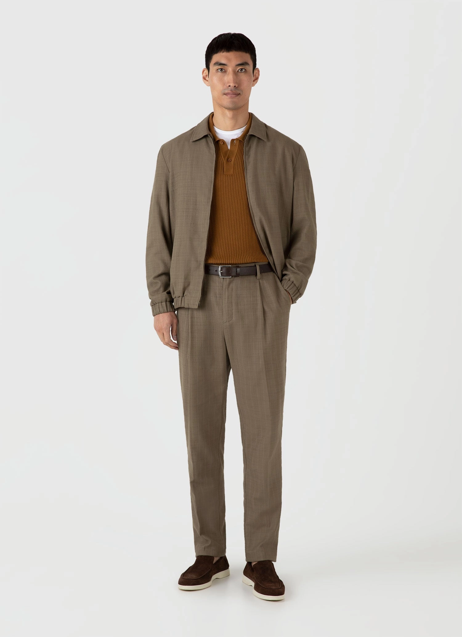 Men's Linear Mesh Knit Polo Shirt in Golden Brown Vibrant Design