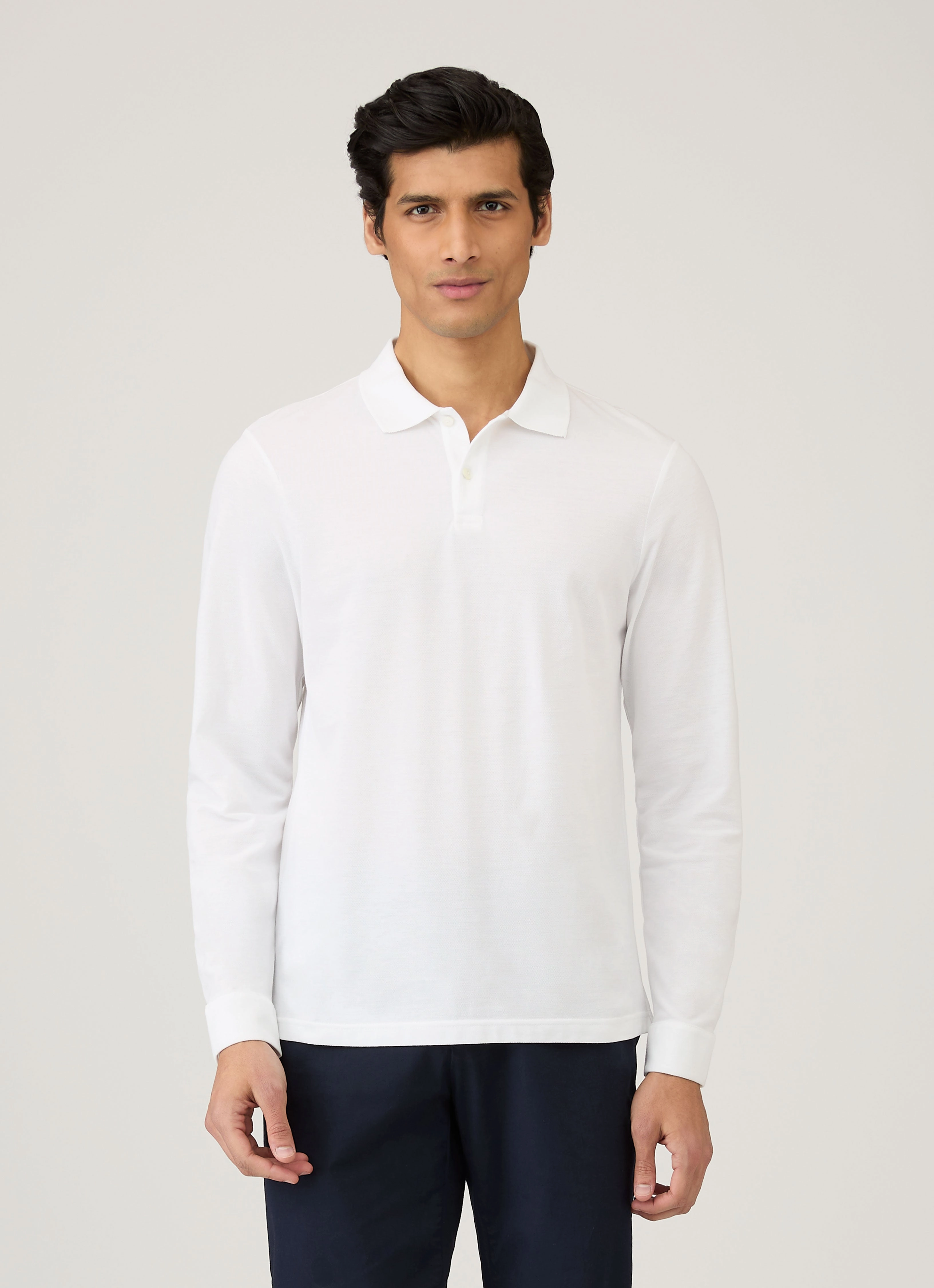 Men's Long Sleeve Piqu?? Polo Shirt in White Fashion Essential