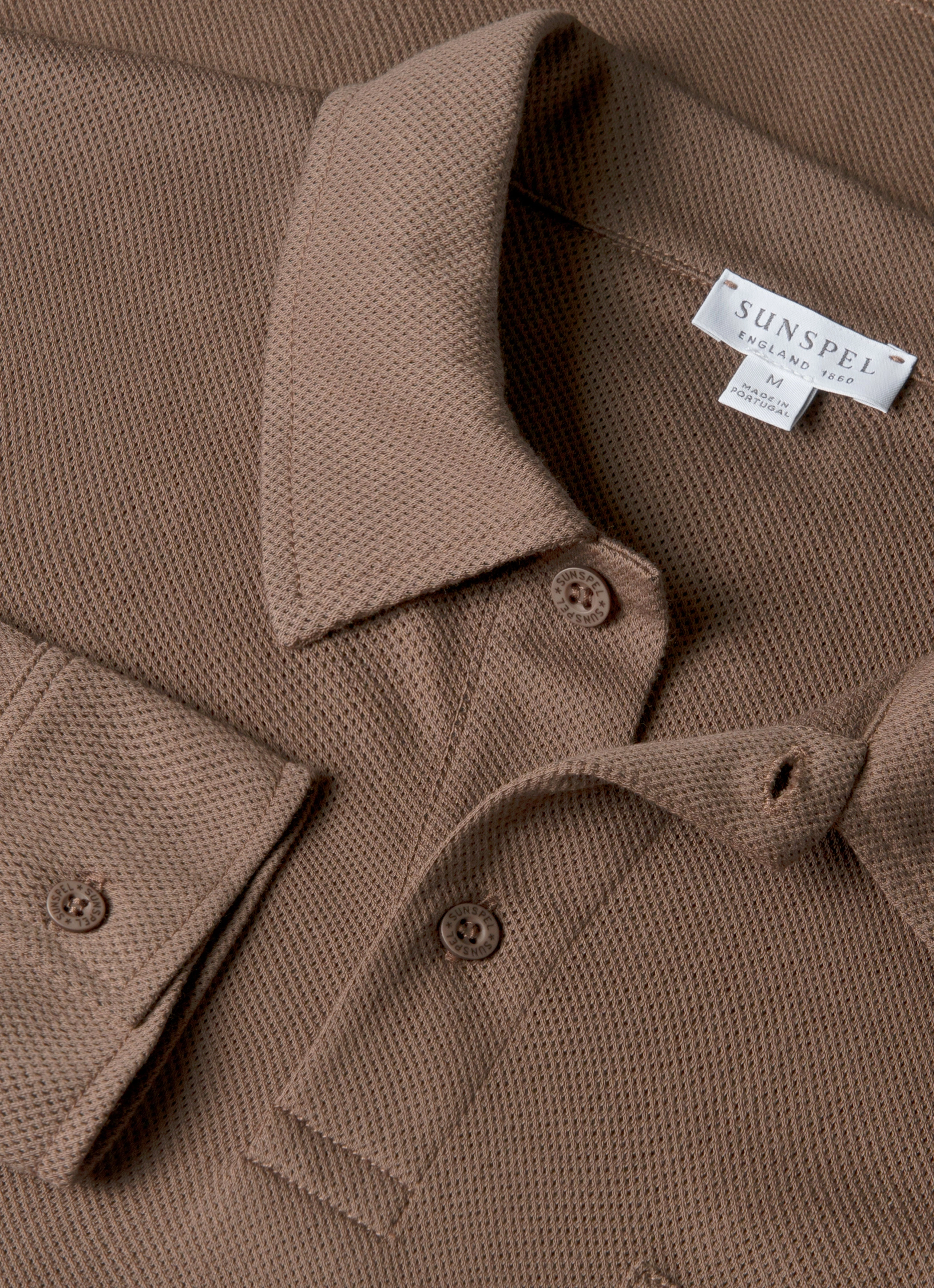 Men's Long Sleeve Riviera Polo Shirt in Bark Ventilated Side Gussets Comfortable Fabric