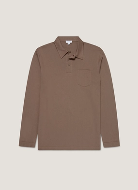 Men's Long Sleeve Riviera Polo Shirt in Bark Chic Design Stylish Detail Men's Long Sleeve Riviera Polo Shirt in Bark