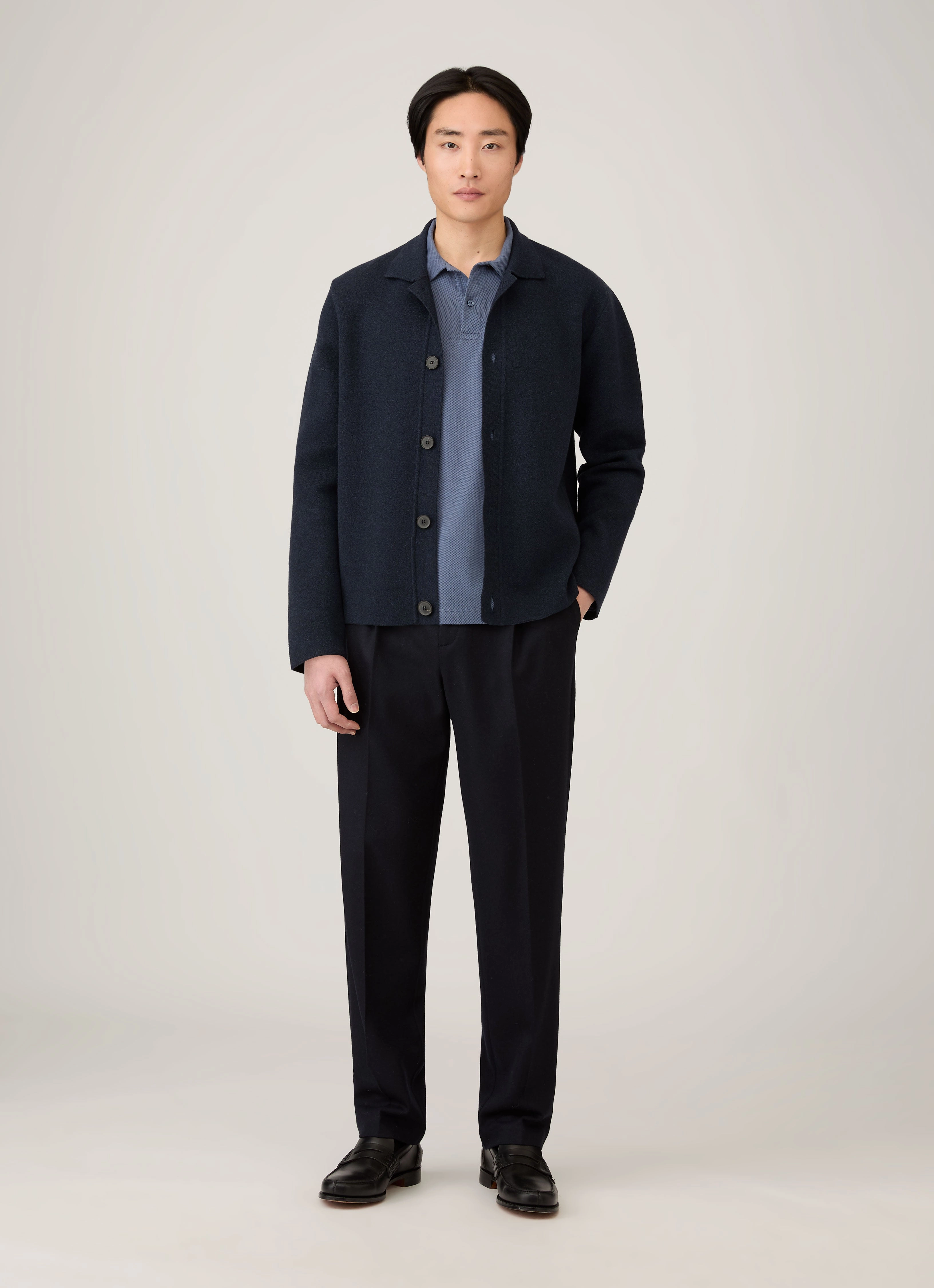 Men's Long Sleeve Riviera Polo Shirt in Selvedge Blue Polo Collar