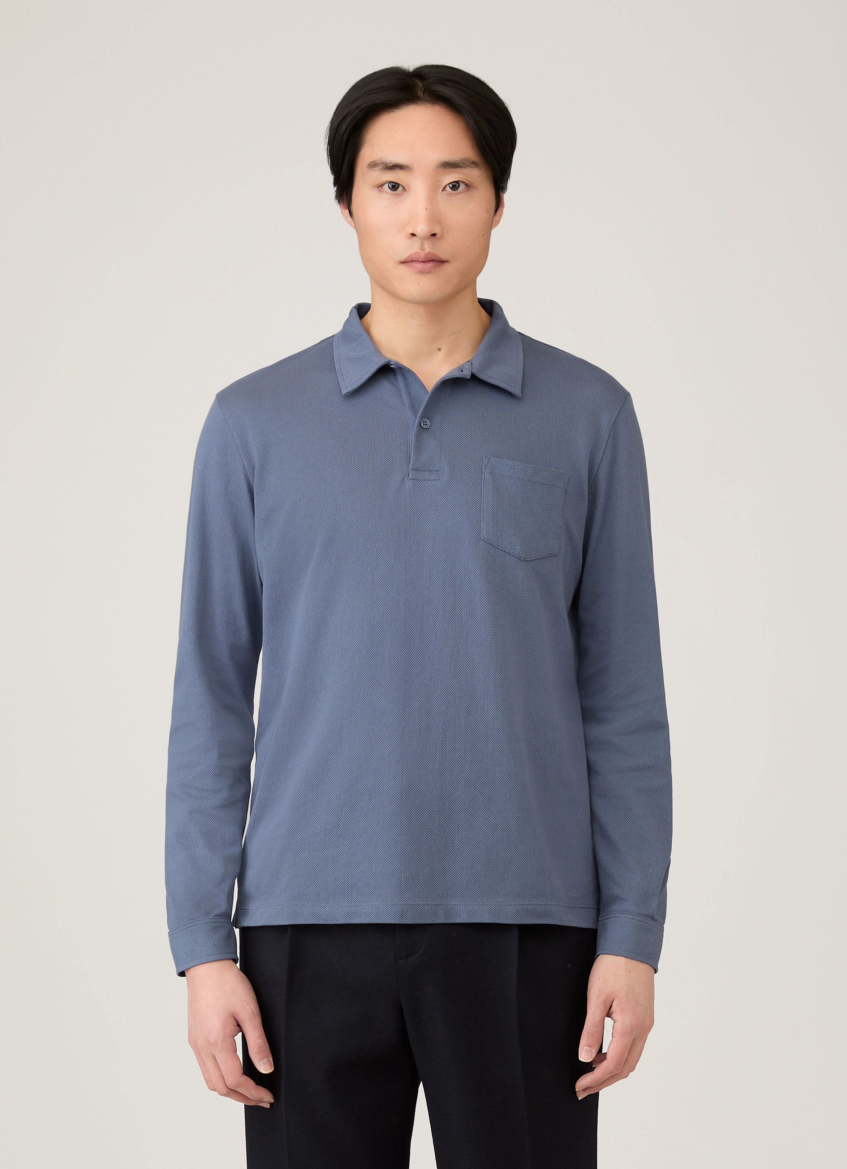 Men's Long Sleeve Riviera Polo Shirt in Selvedge Blue Fashion Top Barrel Cuff Design