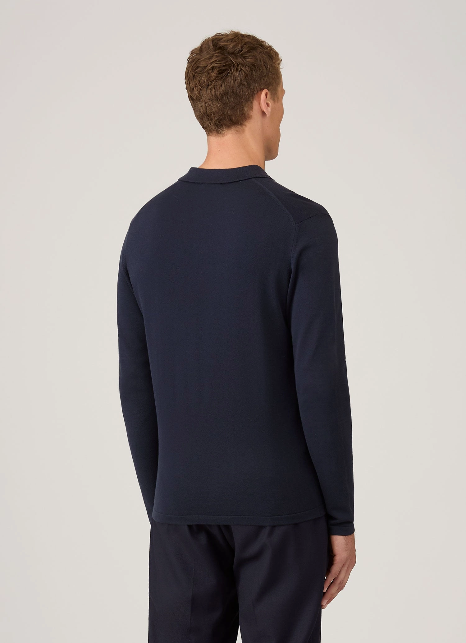 Relaxed Neckline Essential Wear Men's Long Sleeve Sea Island Cotton Knit Polo Shirt in Light Navy