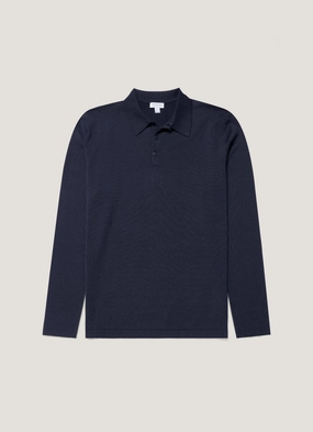 Men's Long Sleeve Sea Island Cotton Knit Polo Shirt in Light Navy Brushed Inner Layer Trendy Fit Men's Long Sleeve Sea Island Cotton Knit Polo Shirt in Light Navy