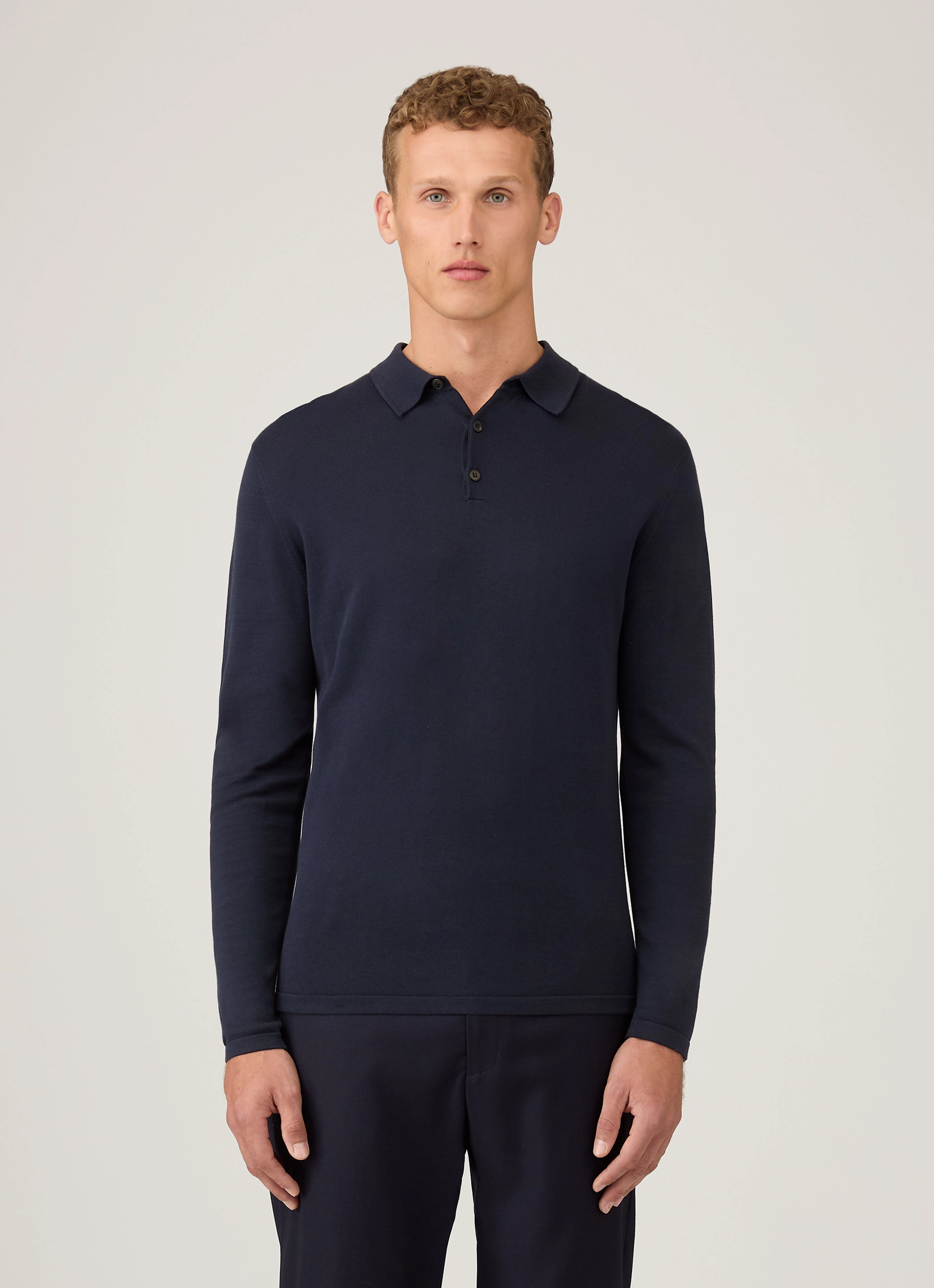 Men's Long Sleeve Sea Island Cotton Knit Polo Shirt in Light Navy SnagResistant Weave Comfort Wearable