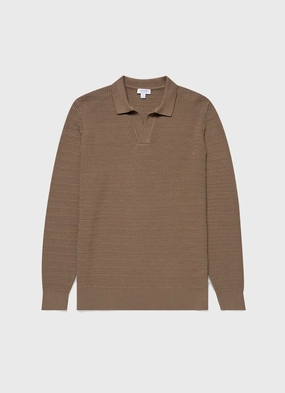 Colorfast Dye Process Layer Friendly Men's Long Sleeve Textured Cotton?Polo Shirt in Dark Stone