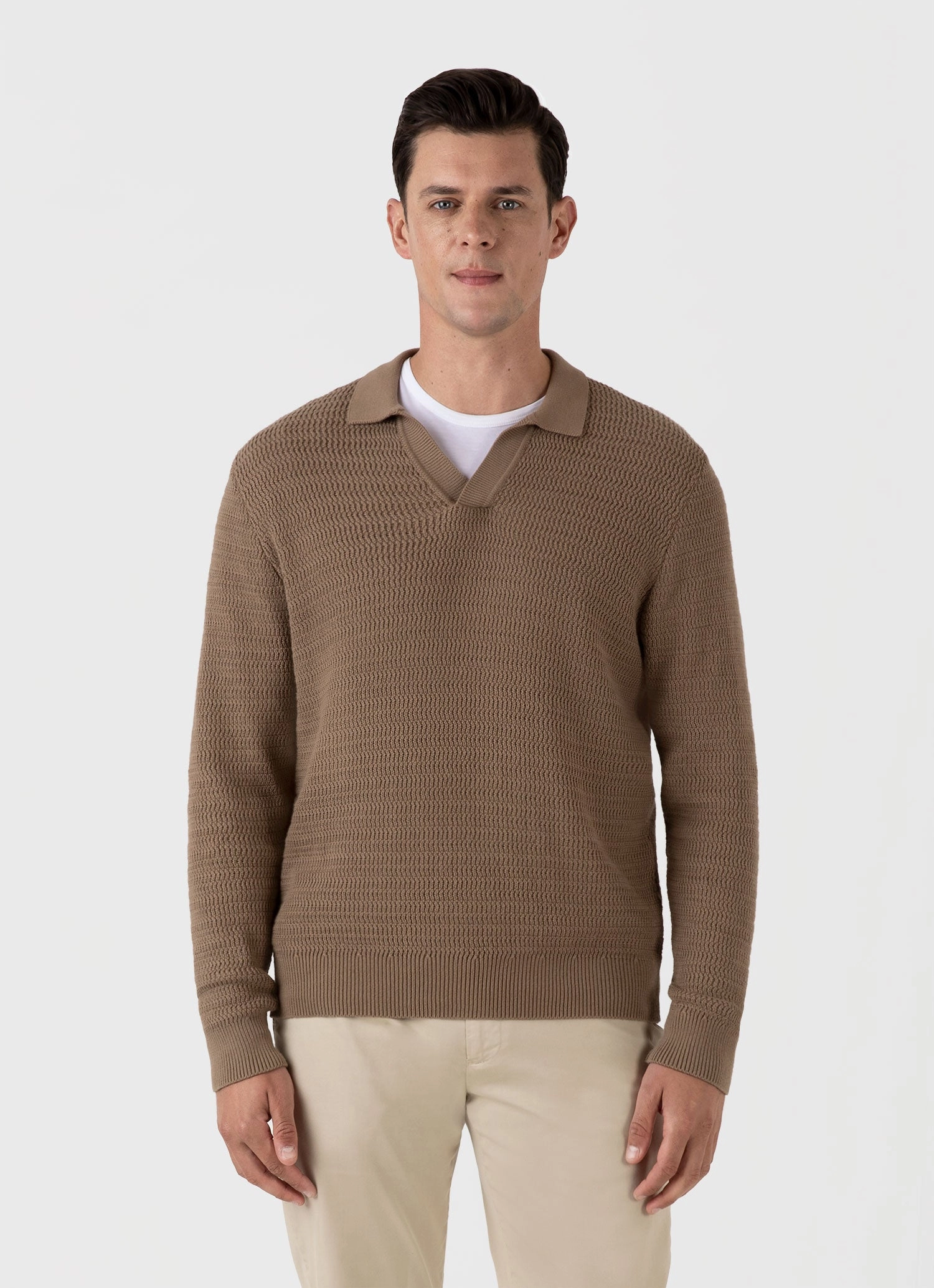 Lightweight Material Flexible Waistband Men's Long Sleeve Textured Cotton?Polo Shirt in Dark Stone