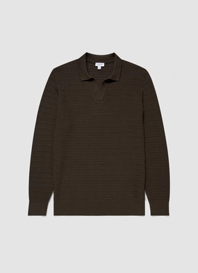 Men's Long Sleeve Textured Cotton?Polo Shirt in Khaki Everyday Fashion Men's Long Sleeve Textured Cotton?Polo Shirt in Khaki Preppy Vibe Outdoor Ready