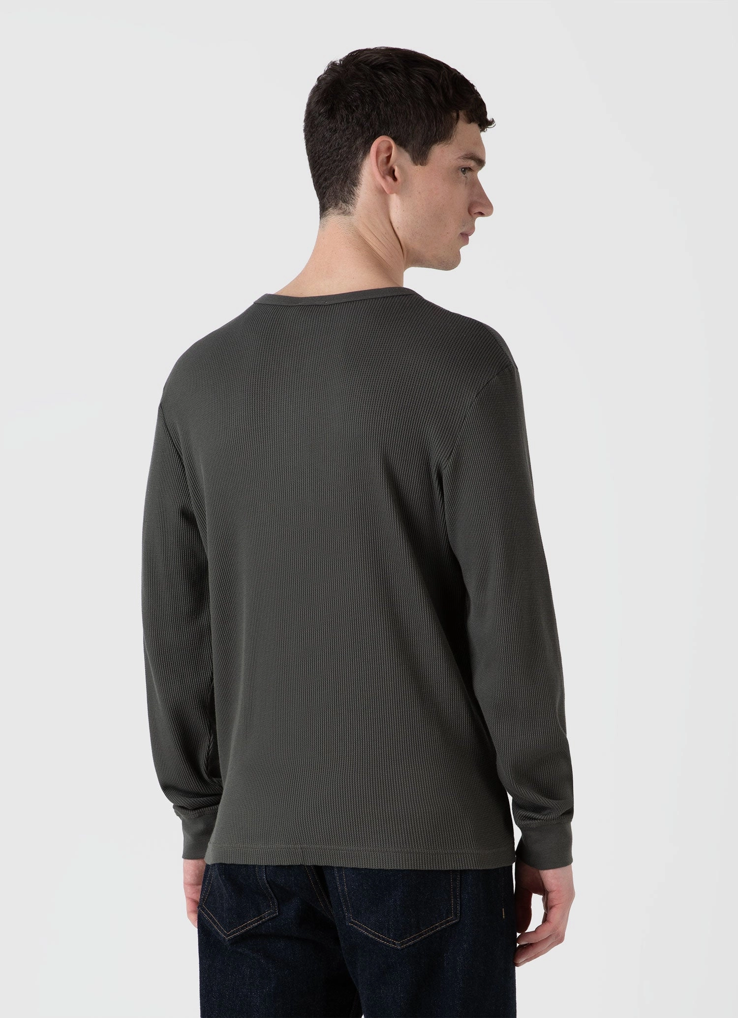 Men's Long Sleeve Waffle Henley in Drill Green Matte Look Elegant and Relaxed