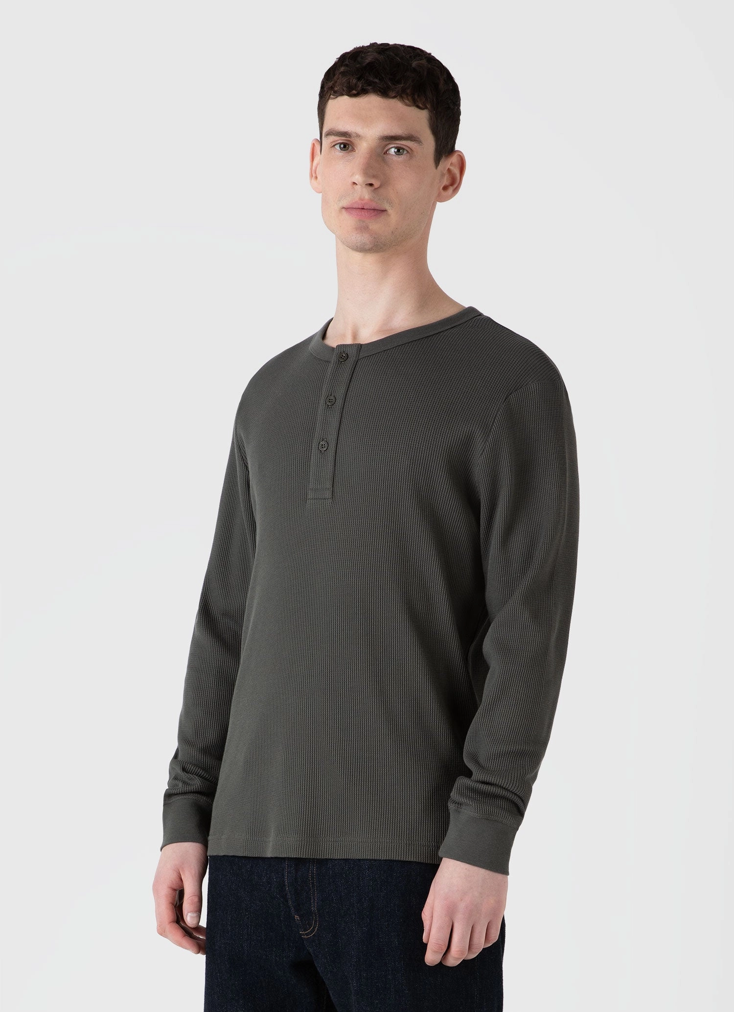 Men's Long Sleeve Waffle Henley in Drill Green Daily Favorite