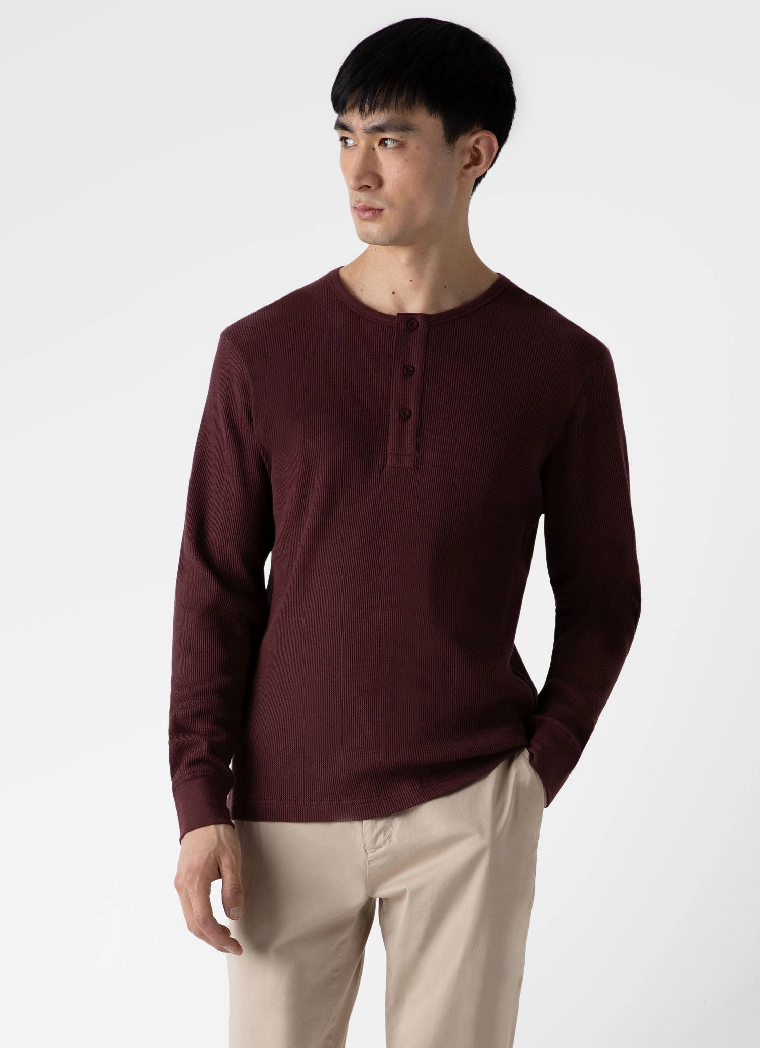 Men's Long Sleeve Waffle Henley in Maroon Versatile Layering Piece Yoga flexibility