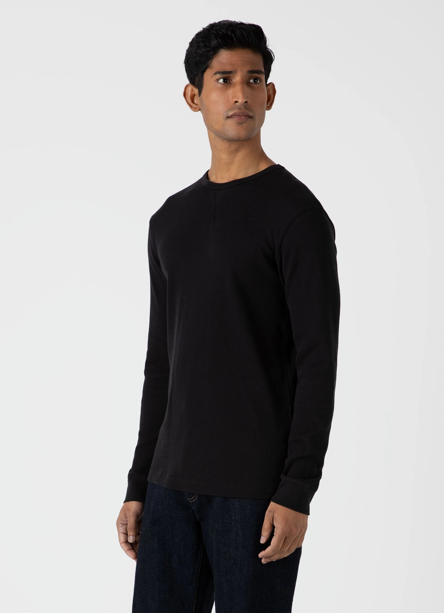 Men's Long Sleeve Waffle T-shirt in Black Linen blend Cozy Waistband