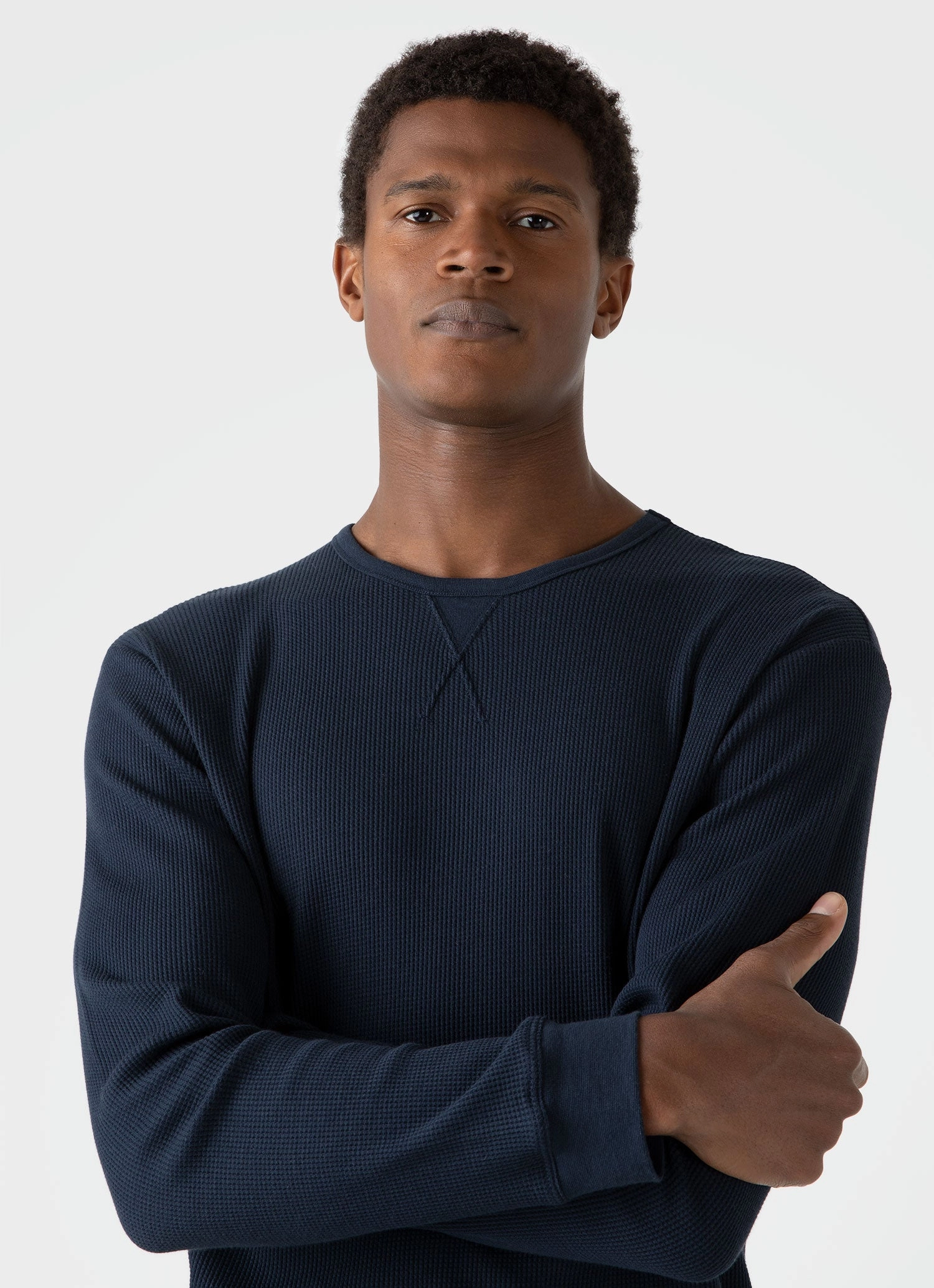 Thermoregulating Fabric Men's Long Sleeve Waffle T-shirt in Navy