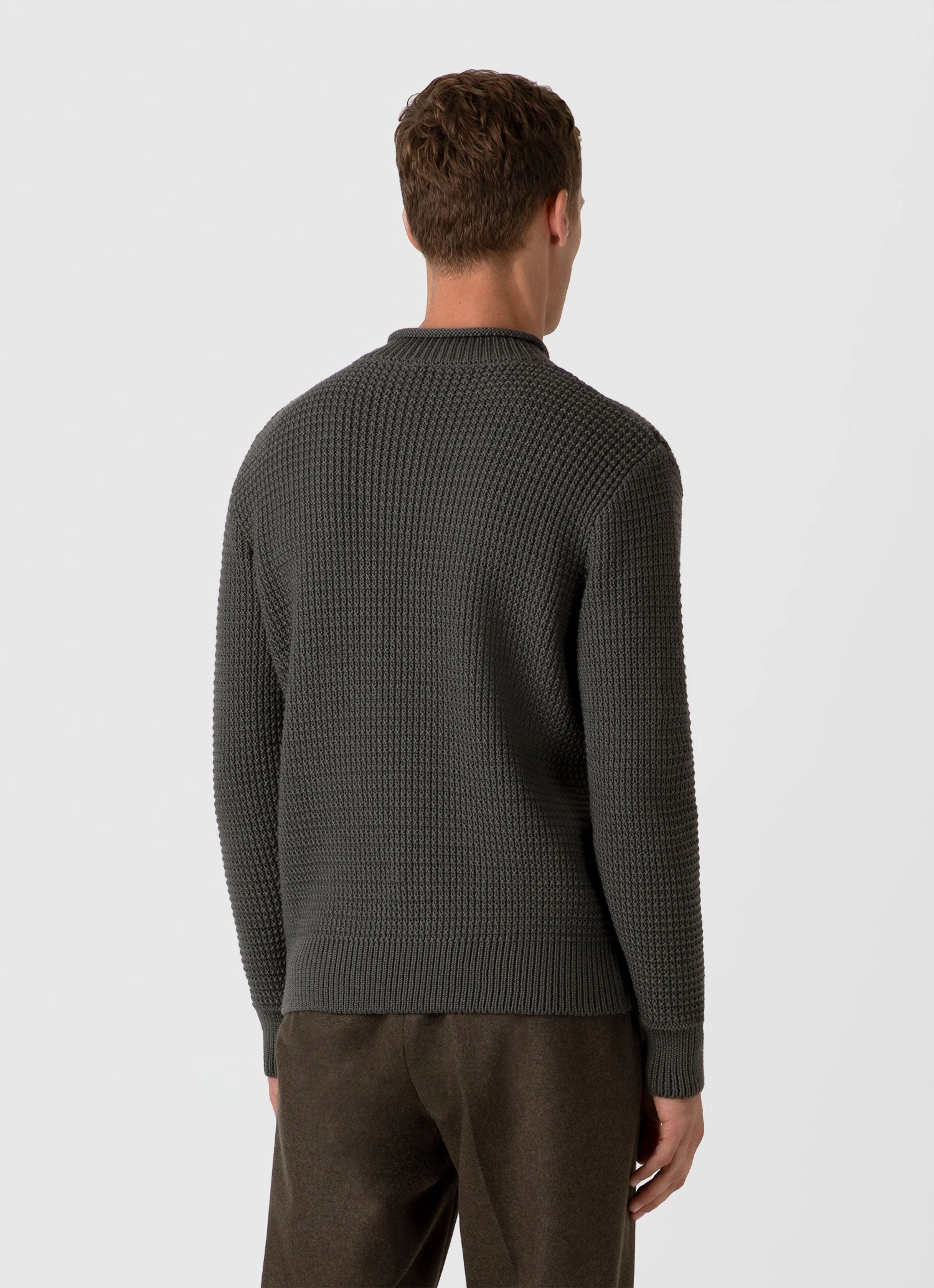 Men's Merino Fisherman Jumper in Khaki Stretch Waistband Design Openwork Lattice Pattern
