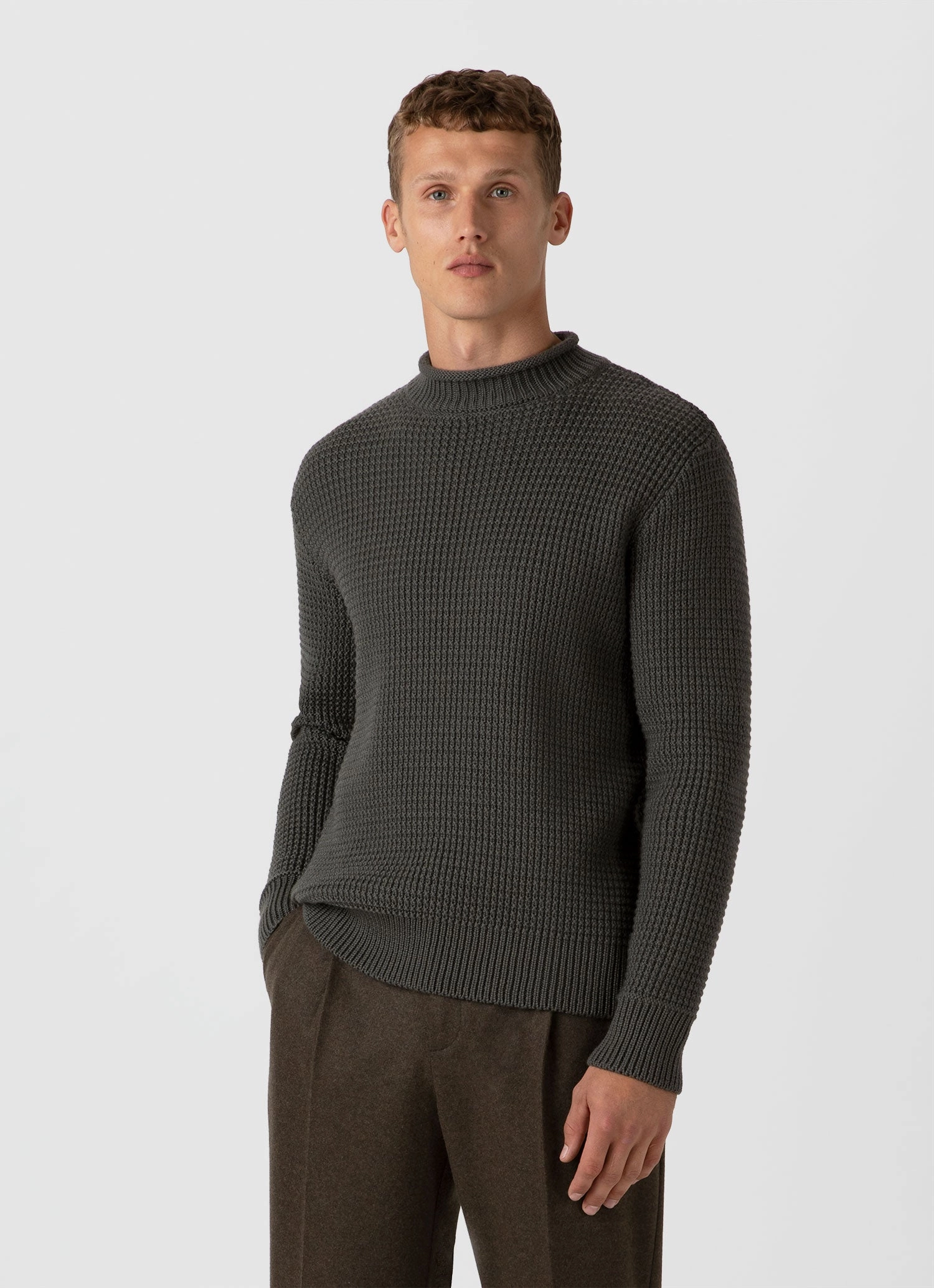 WaffleKnit Texture Men's Merino Fisherman Jumper in Khaki