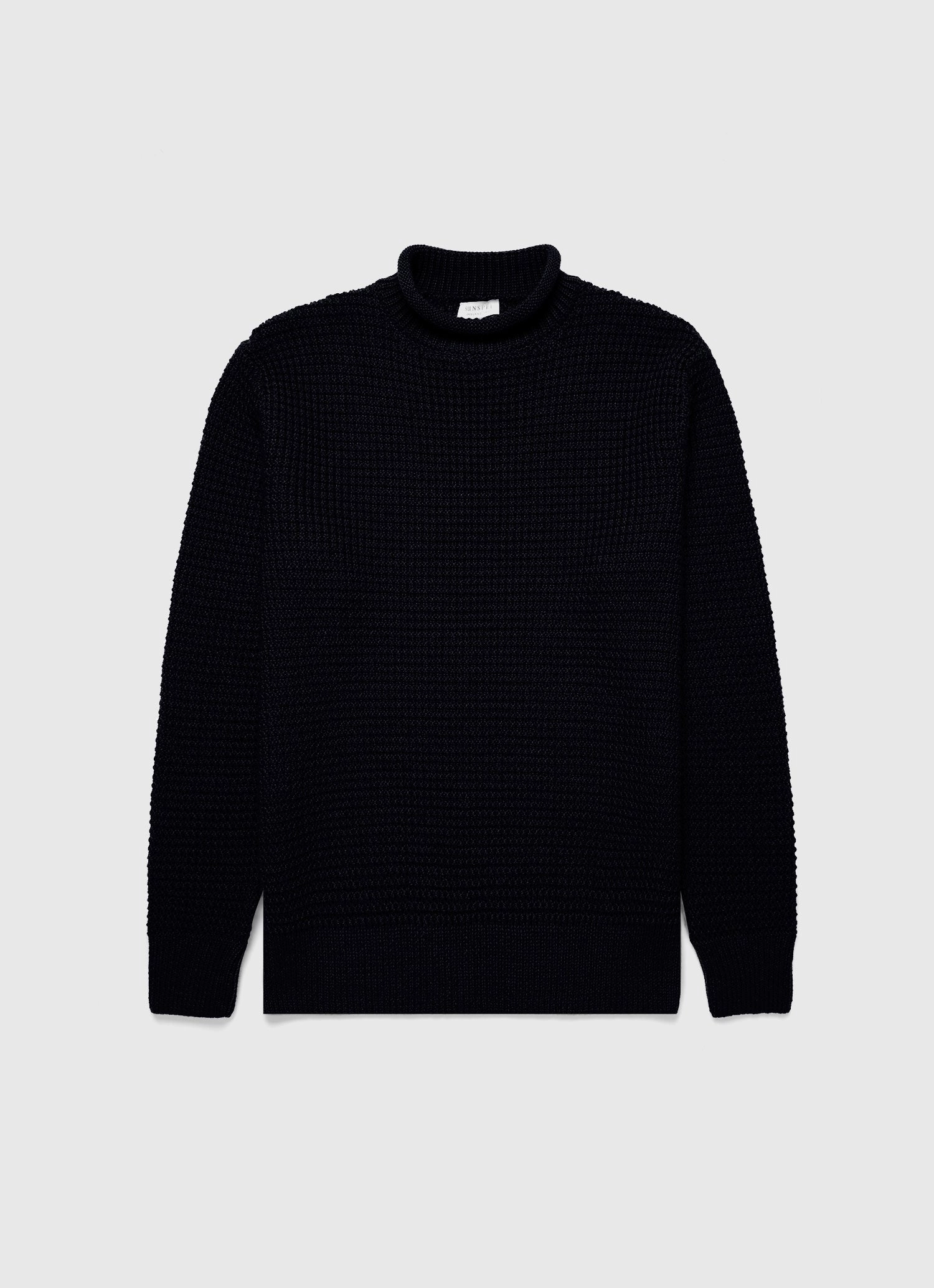 Men's Merino Fisherman Jumper in Navy Ribbed collar Breathable Layer