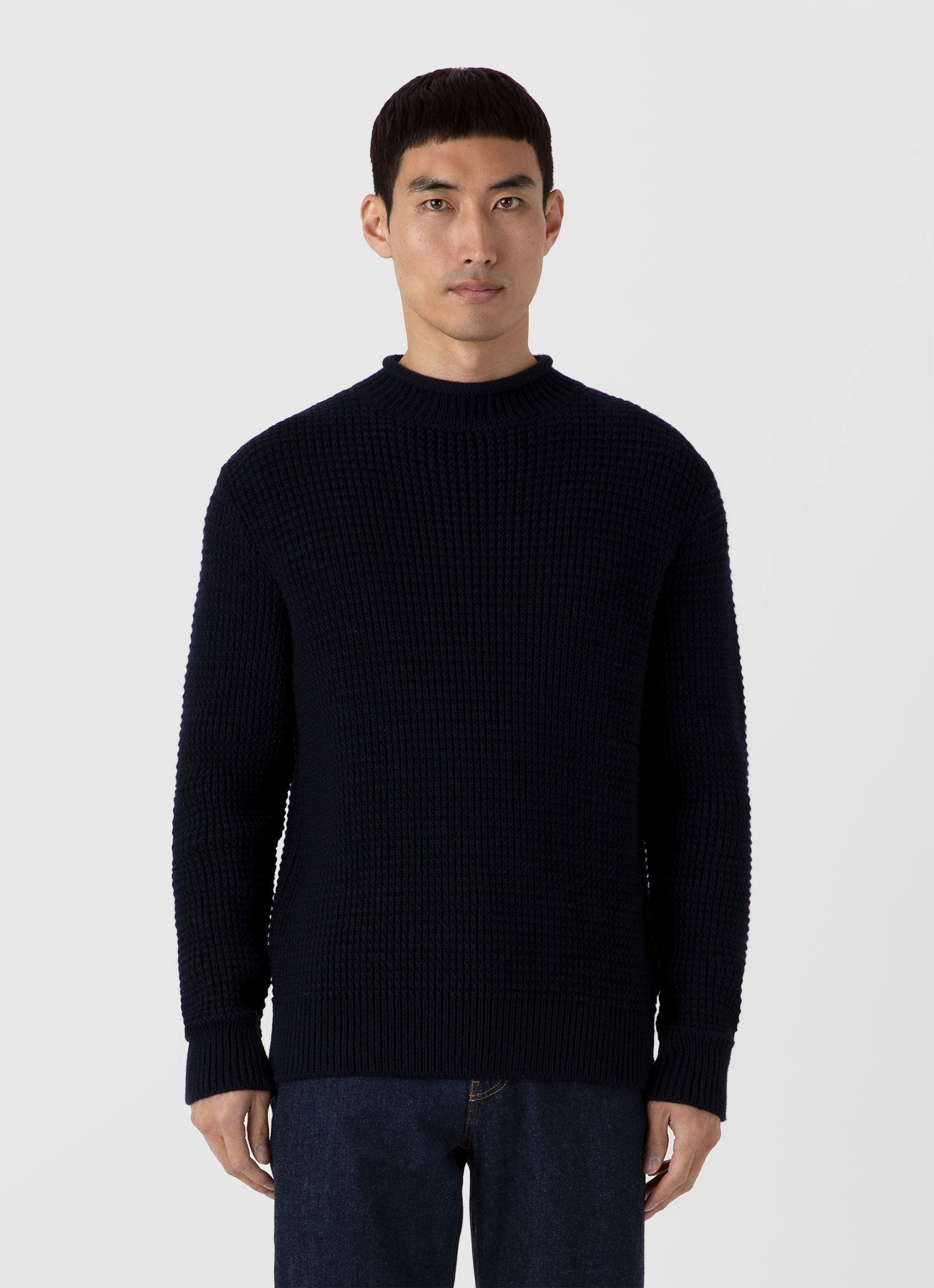 Layered Ventilation Design Home Style Men's Merino Fisherman Jumper in Navy