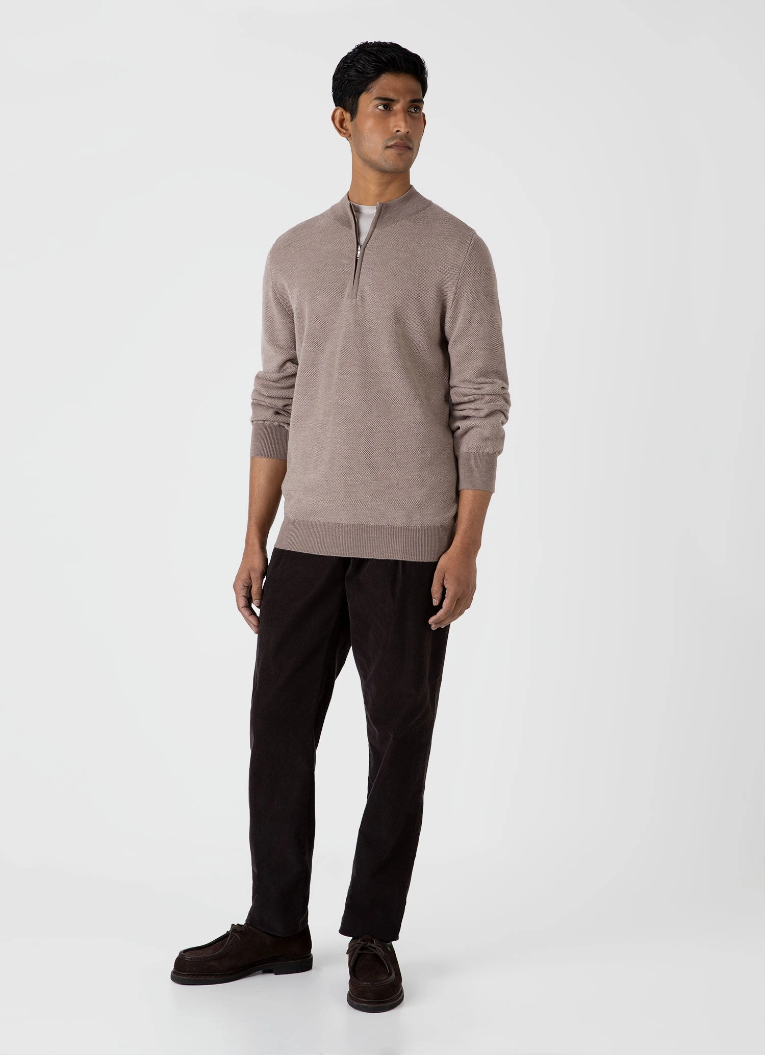 Airy Piece Men's Merino Honeycomb Zip Neck Jumper in Light Sandstone