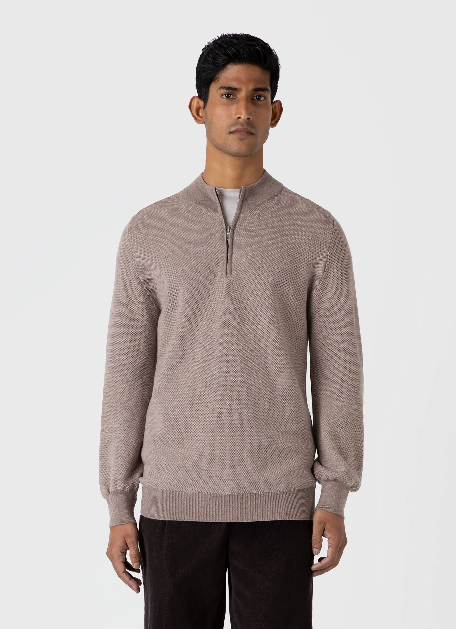 Men's Merino Honeycomb Zip Neck Jumper in Light Sandstone Diagonal Pocket Placement