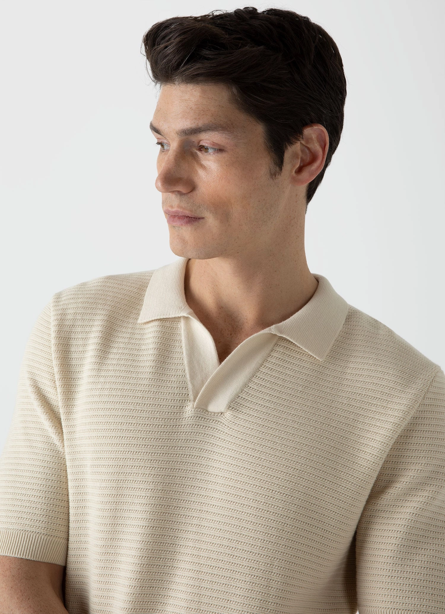 Men's Open Textured Polo Shirt in Ecru EasyCare Textile