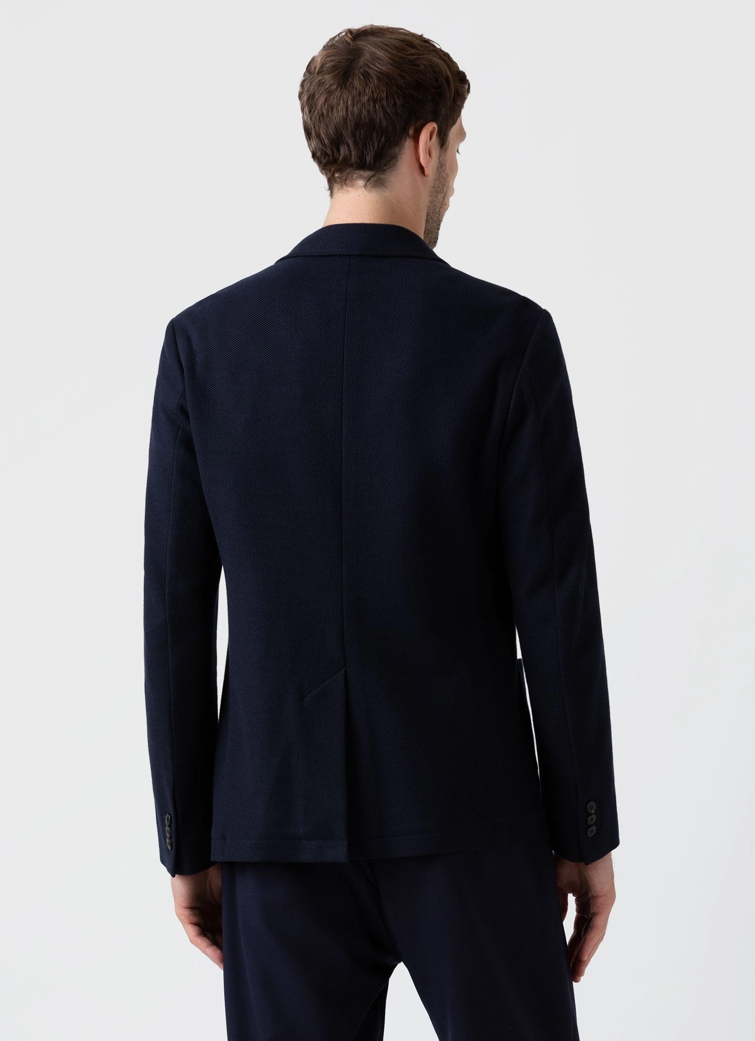 Men's Piqu?? Unstructured Blazer in Navy Ribbed Knit Cuffs Secure Storage Compartments