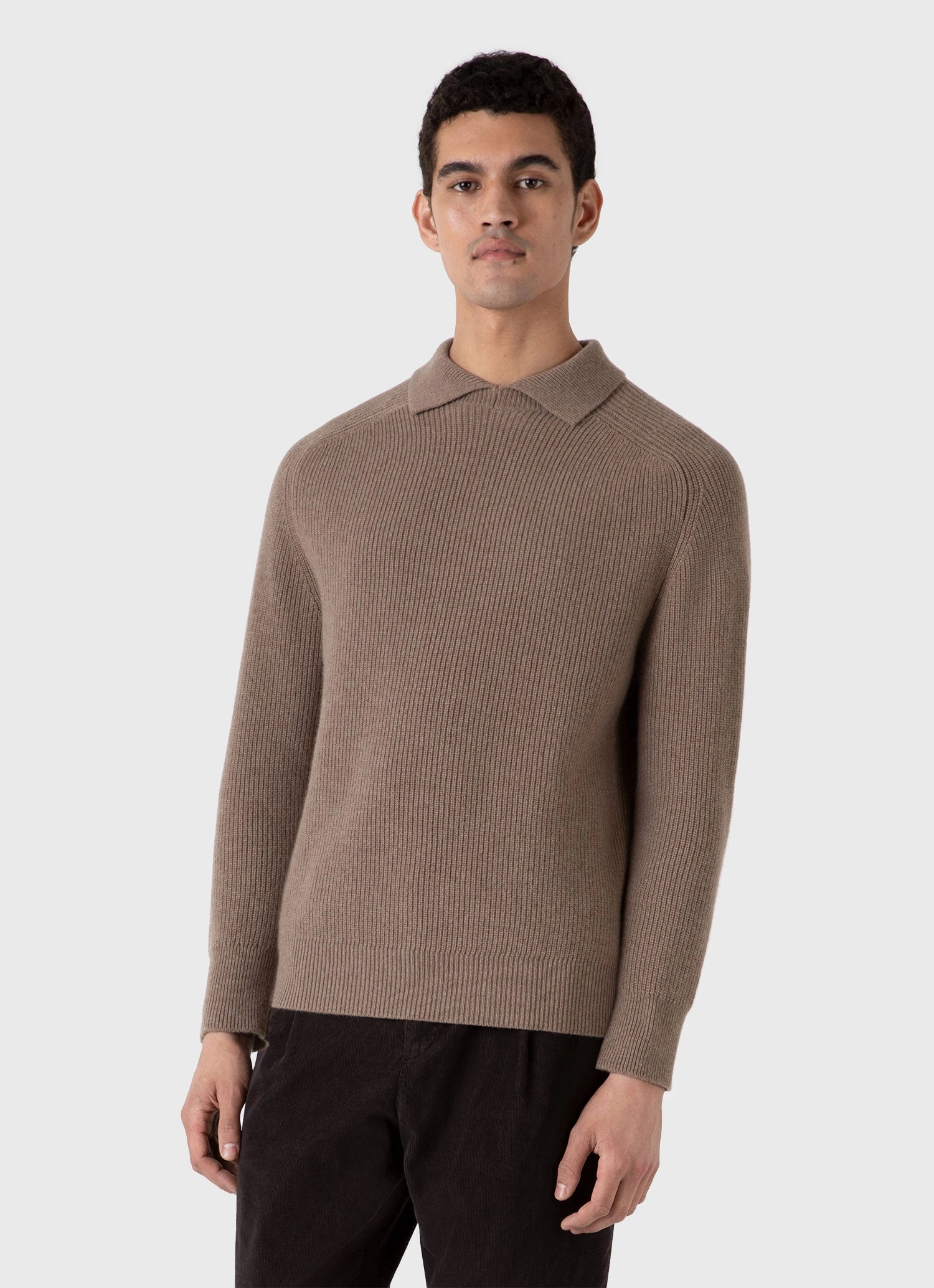 Men's Ribbed Polo Neck Jumper in Sandstone Indoor Layer
