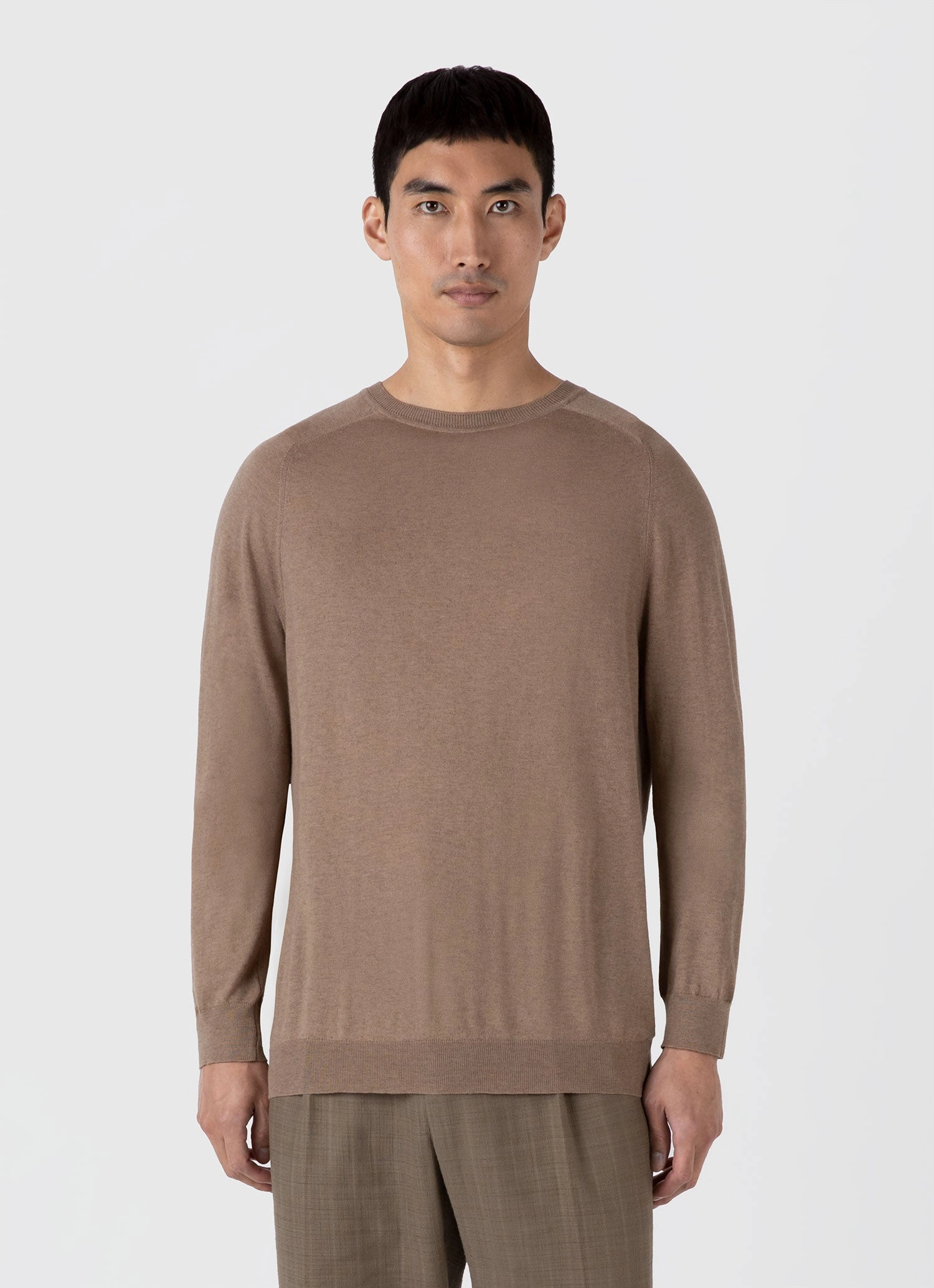 Men's Sea Island Cashmere Crew Neck Jumper in Oat Light Reflective Trims Warm Outfit