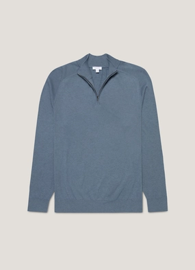 Men's Sea Island Cashmere Half Zip in Slate Blue EcoFriendly Production Temperature Regulating Lining Core Style Men's Sea Island Cashmere Half Zip in Slate Blue