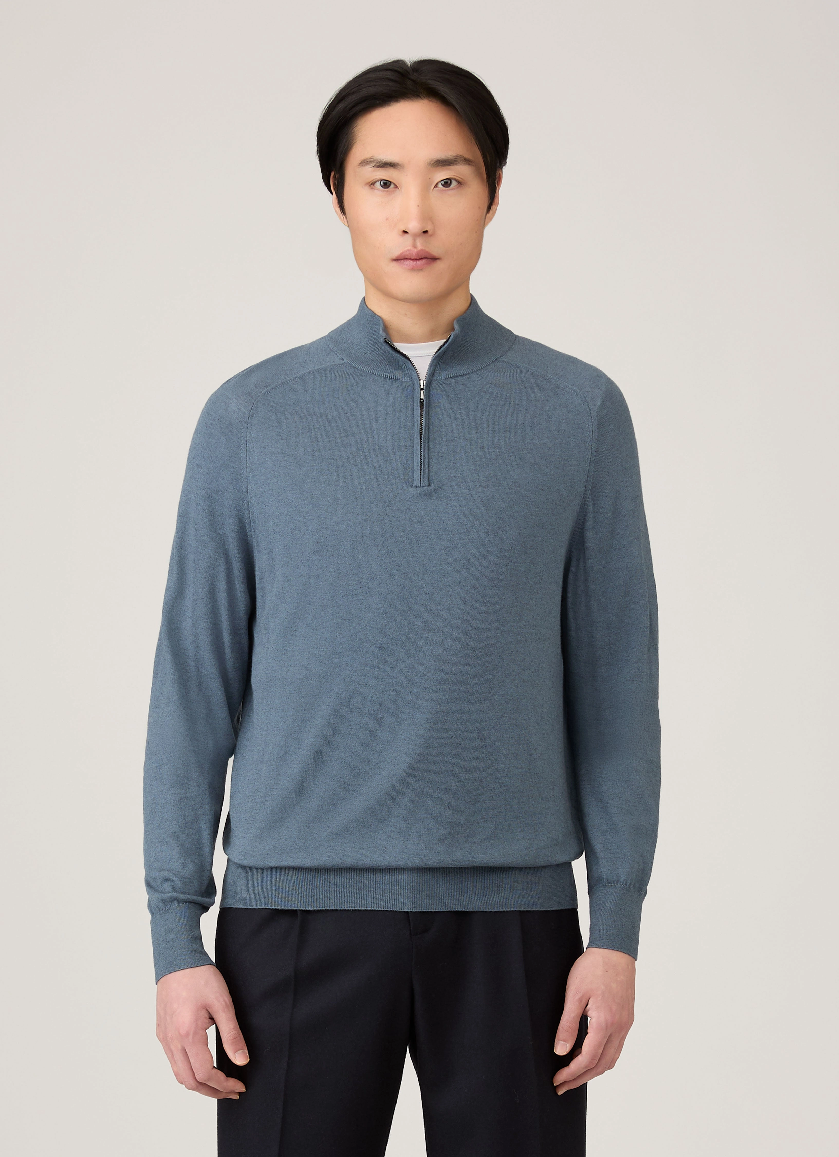 Men's Sea Island Cashmere Half Zip in Slate Blue Versatile Casual Look Stain Release Coating