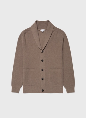 Men's Shawl Neck Cardigan in Sandstone Elegant Warmth Relaxed Warmth Tonal Stitching Detail Men's Shawl Neck Cardigan in Sandstone