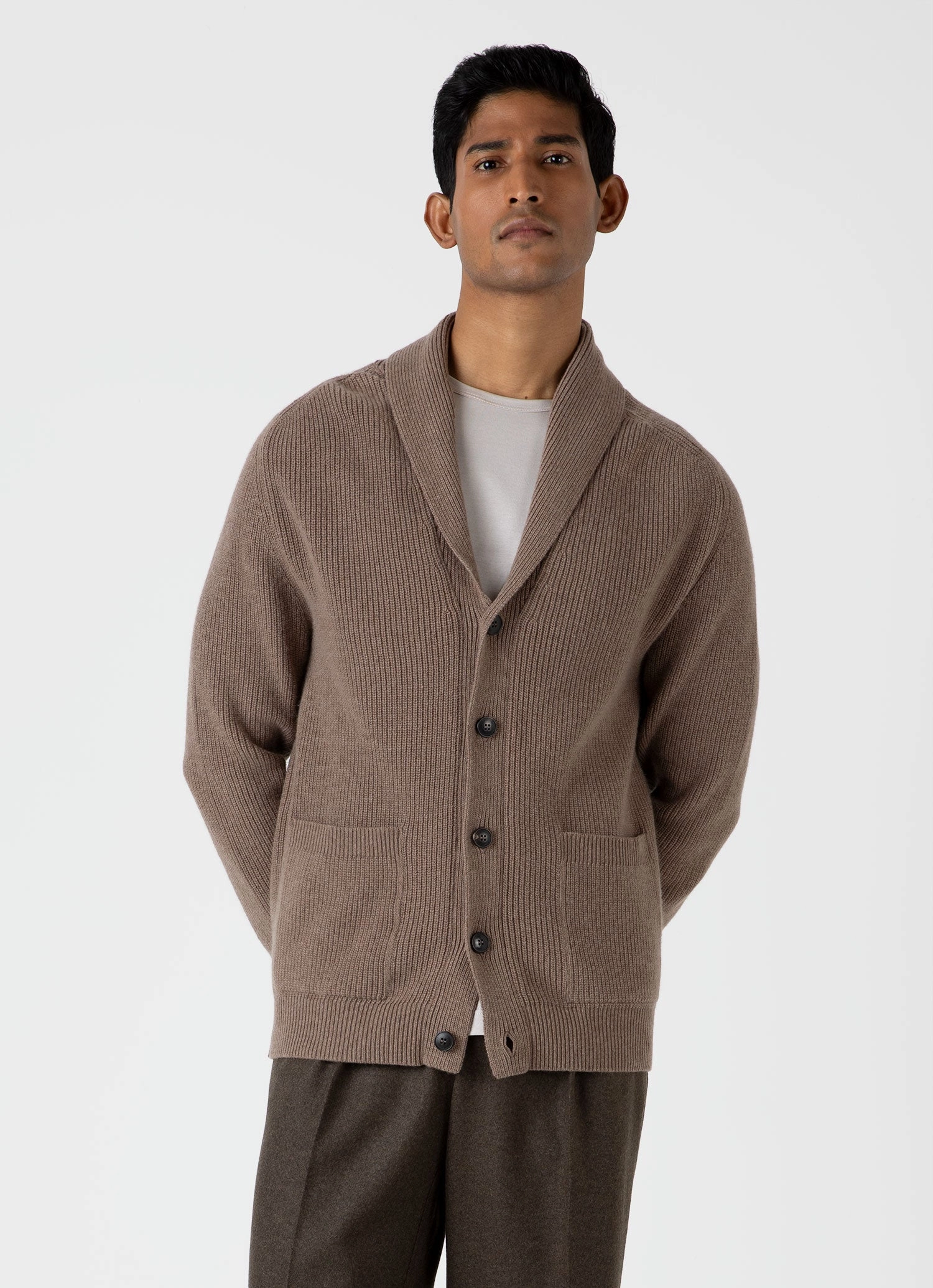 Light Reflective Trims Soft Ribbed Texture Men's Shawl Neck Cardigan in Sandstone
