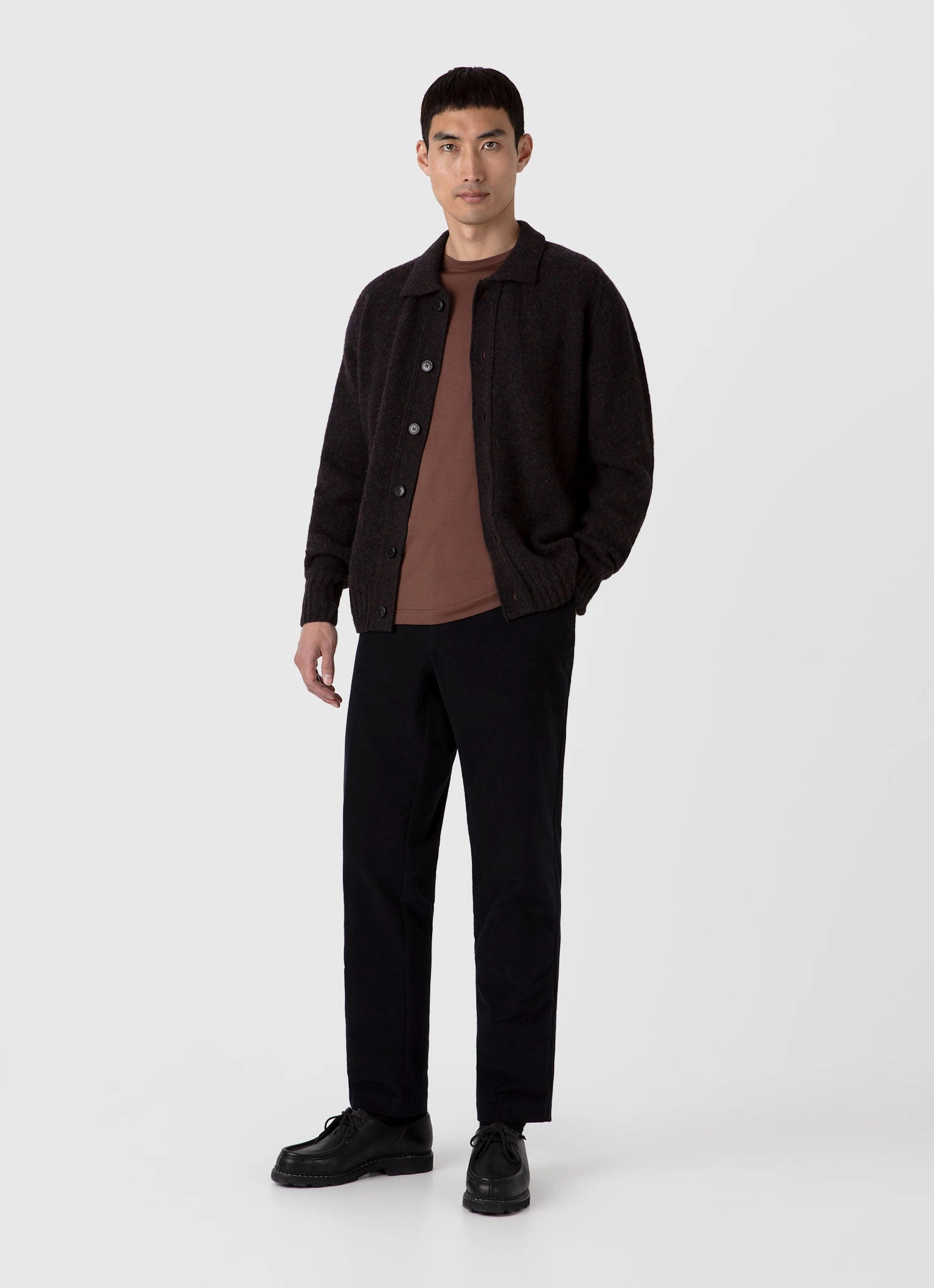 Cold Weather Stretch Waistband Design Men's Shetland Cardigan in Midnight Melange