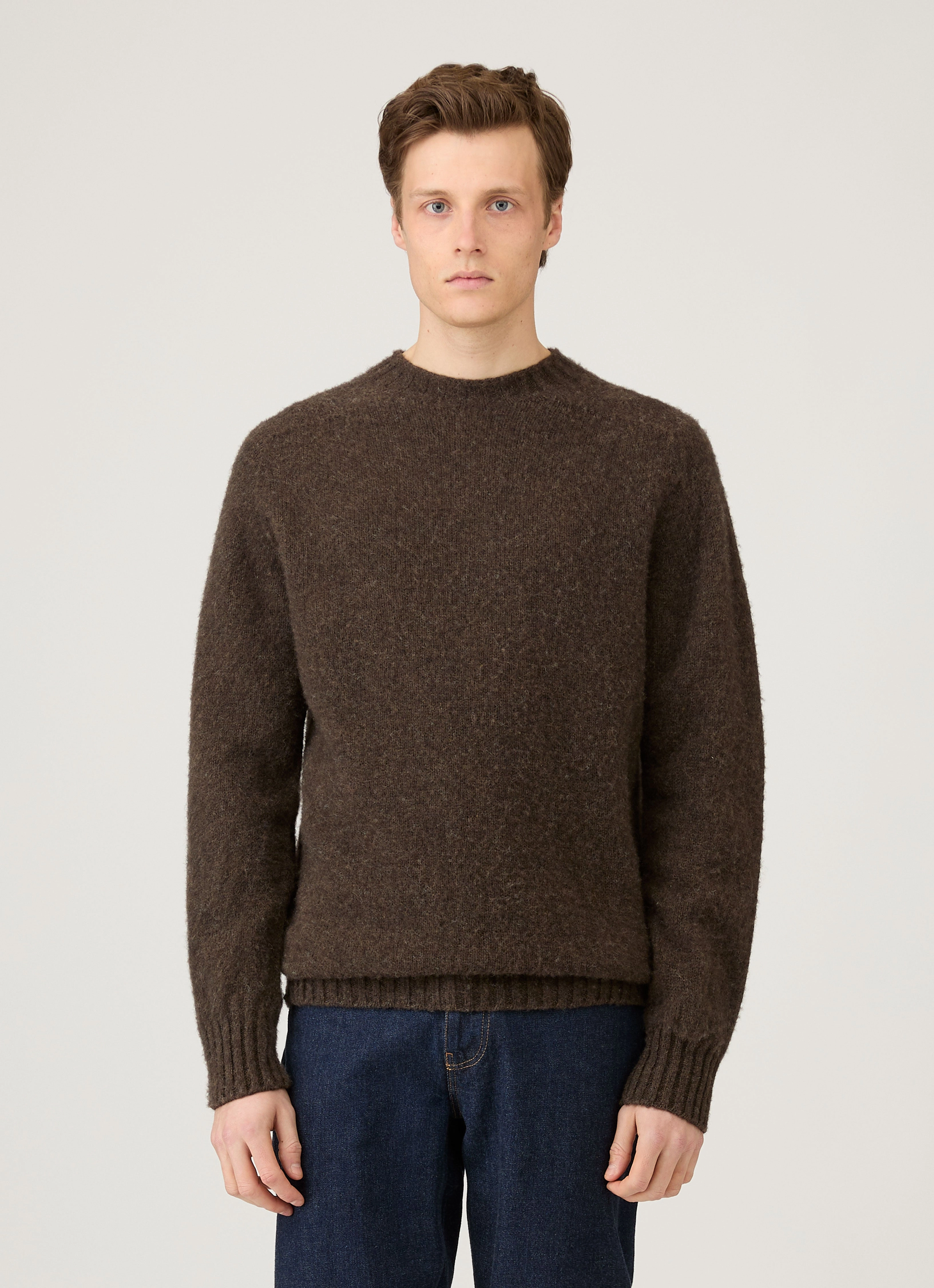 Men's Shetland Crew Neck Jumper in Bark AntiPilling Treatment Cozy Comfort
