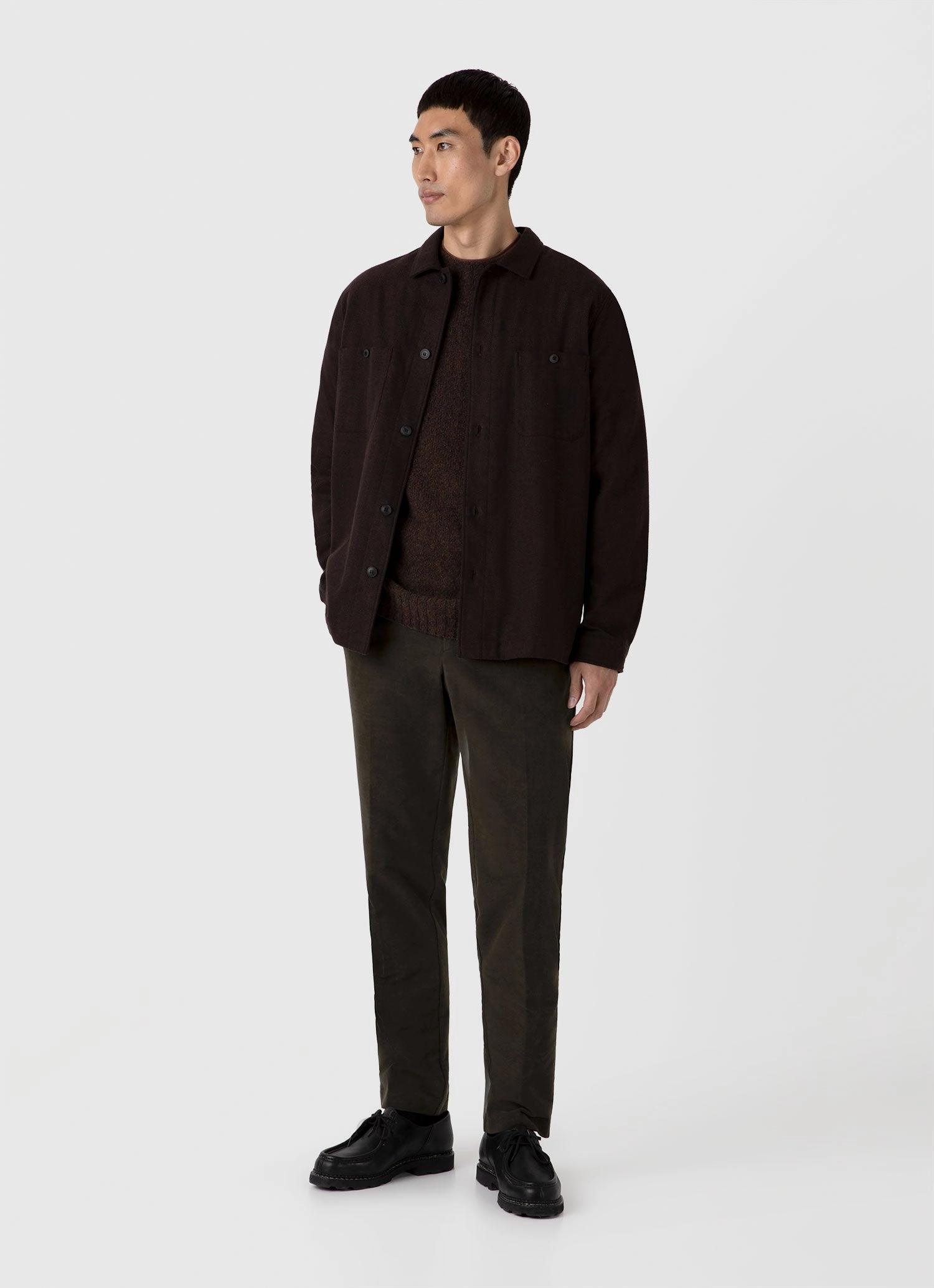 Men's Shetland Crew Neck Jumper in Dark Green Melange Minimalist Button Placket