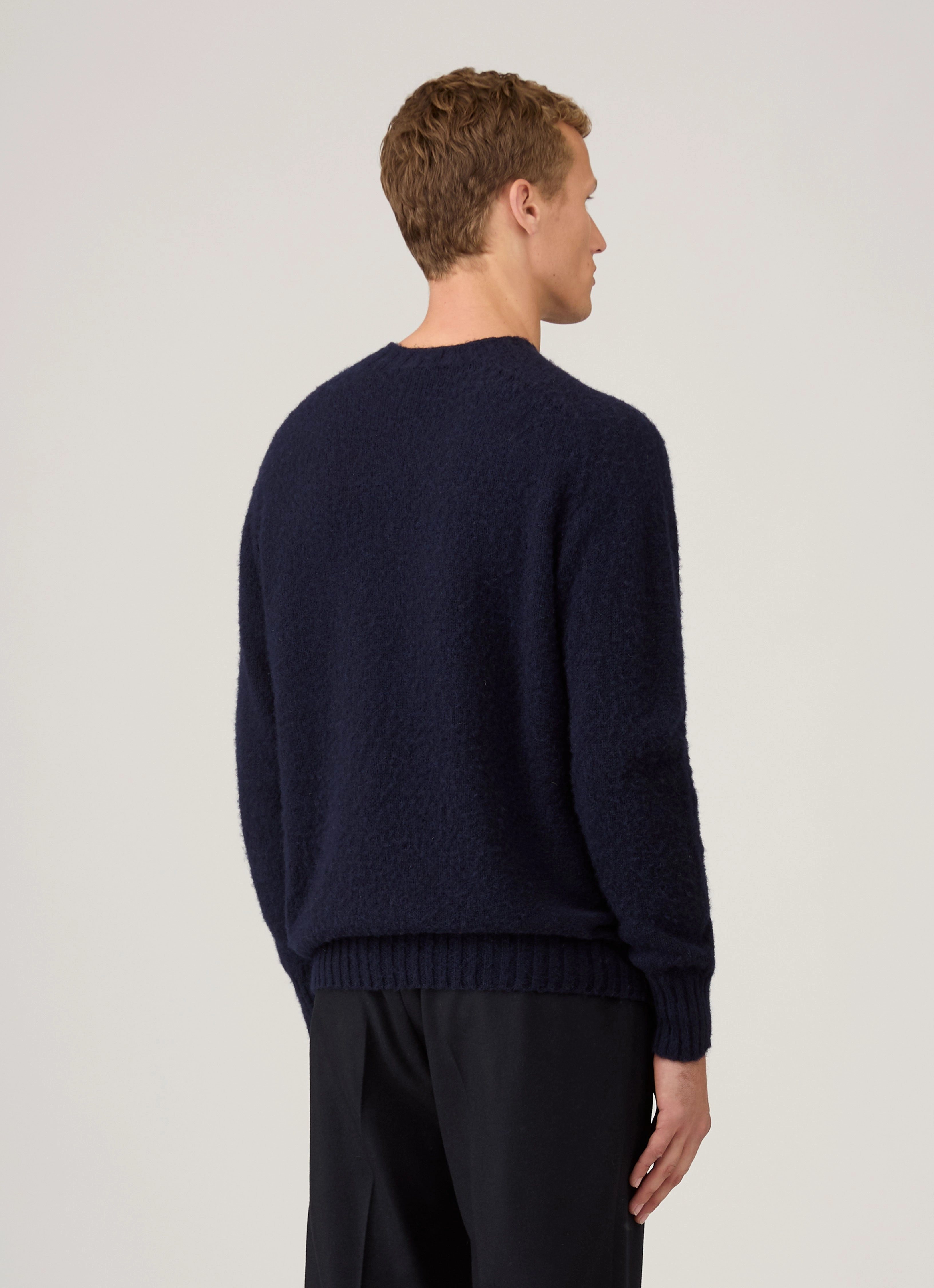 Men's Shetland Crew Neck Jumper in Navy Tubular Knit Structure