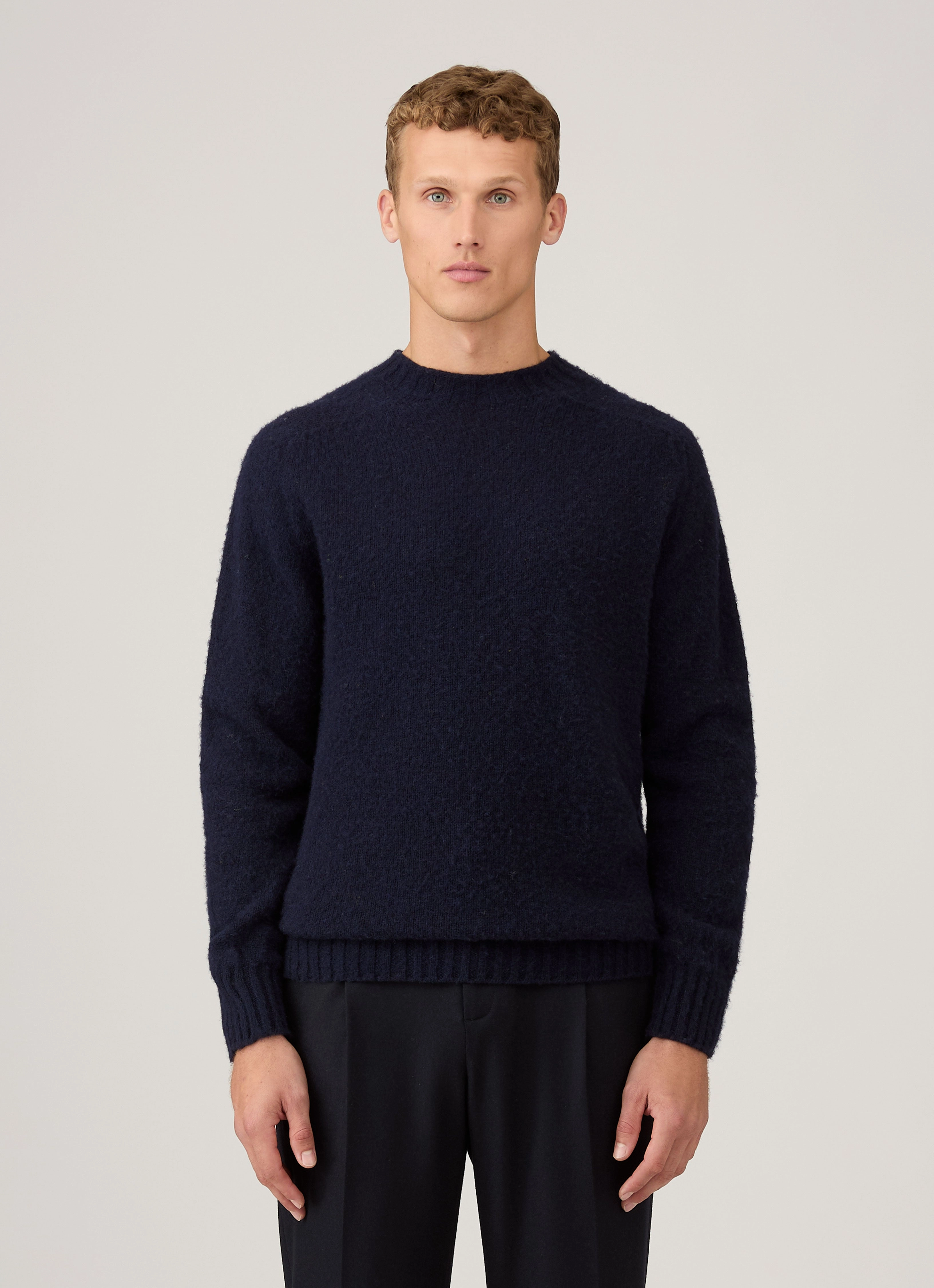 Men's Shetland Crew Neck Jumper in Navy Microfiber Inner Layer Timeless Basic