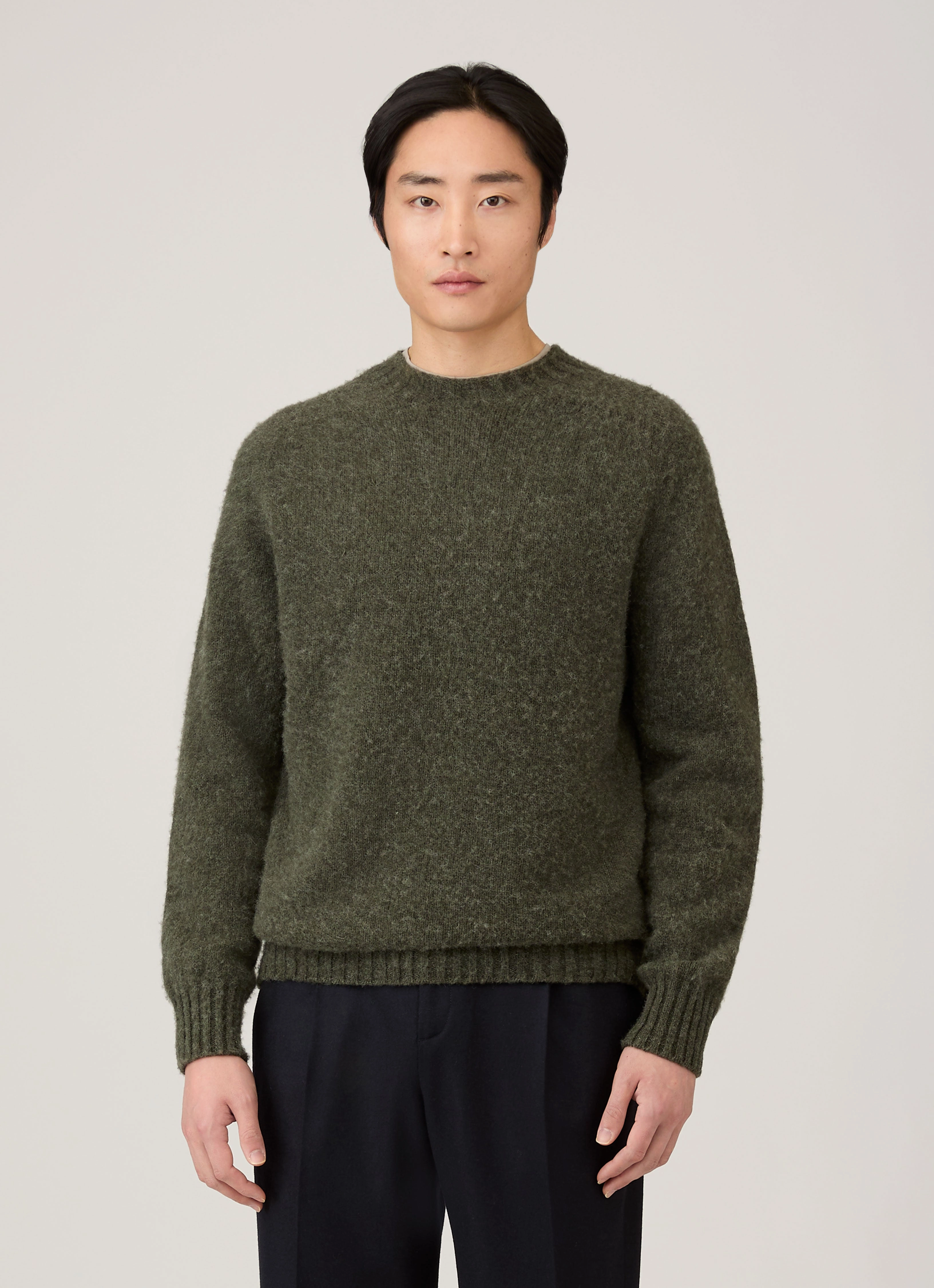 Men's Shetland Crew Neck Jumper in Sea Moss Compression Fit Technology Home Comforted