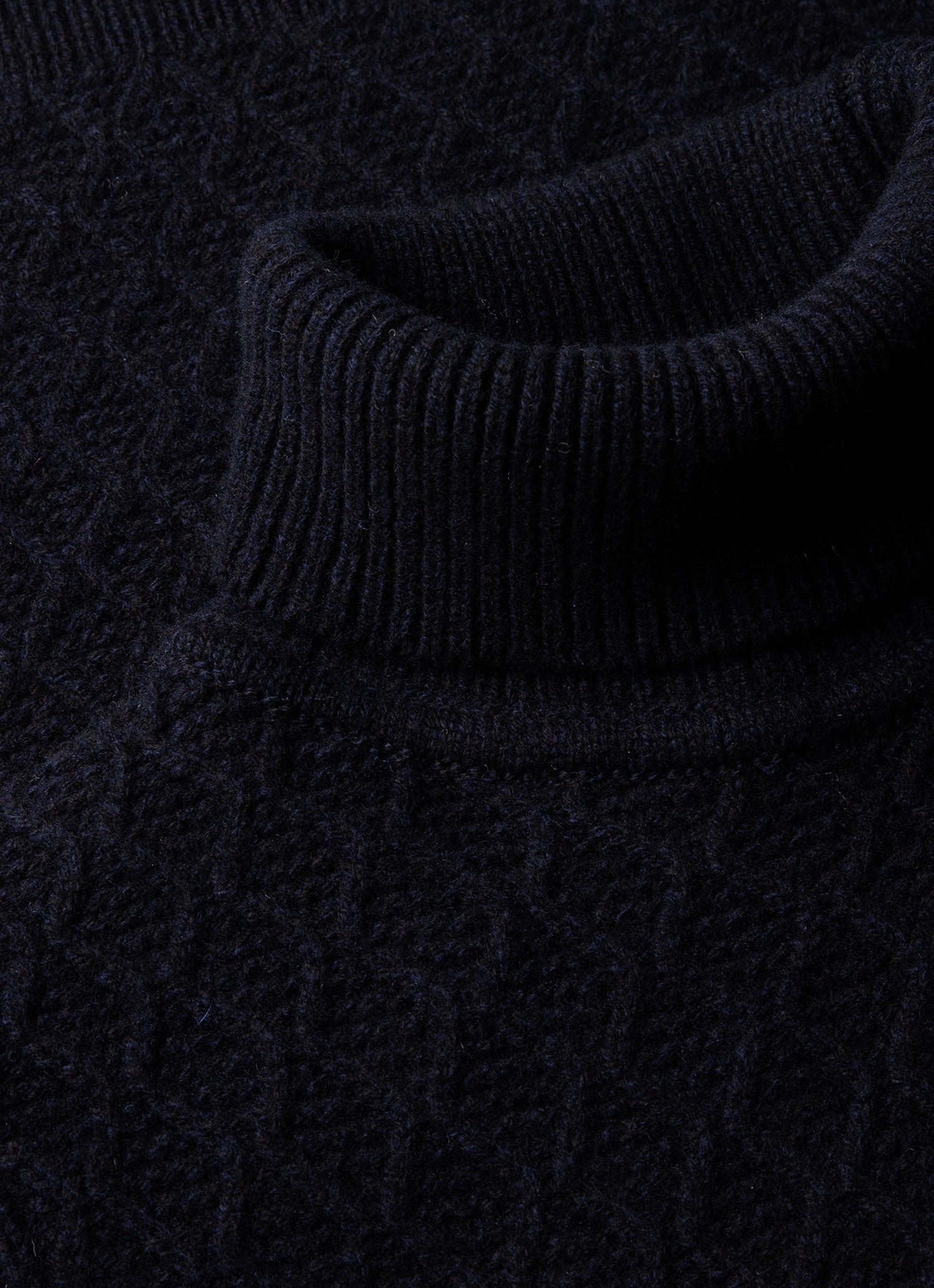 Men's WM Brown Aran Roll Neck in Dark Navy Mouline Relaxed Trend Ultra Soft