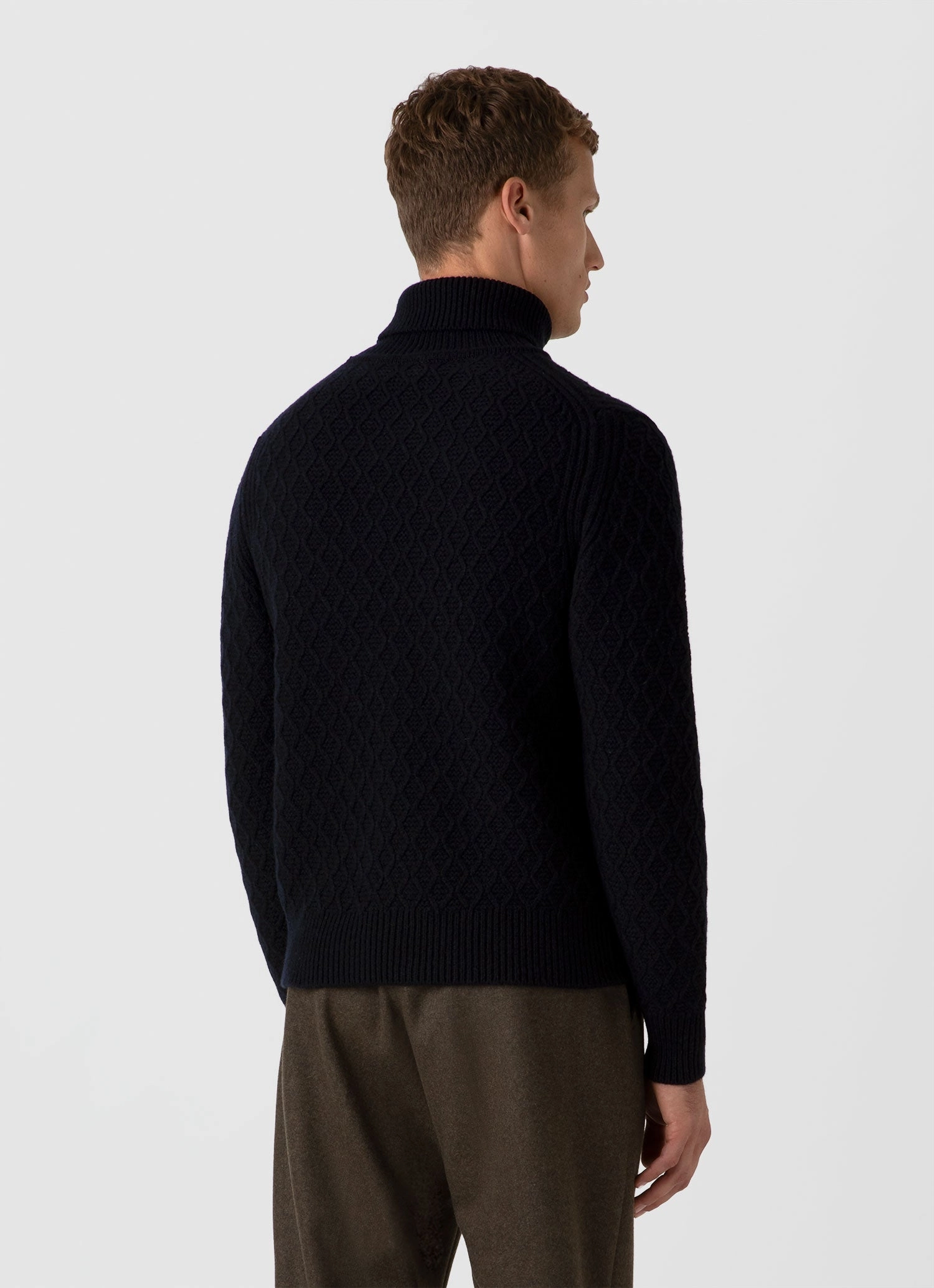 Men's WM Brown Aran Roll Neck in Dark Navy Mouline Touch Of Soft LowImpact Knitting
