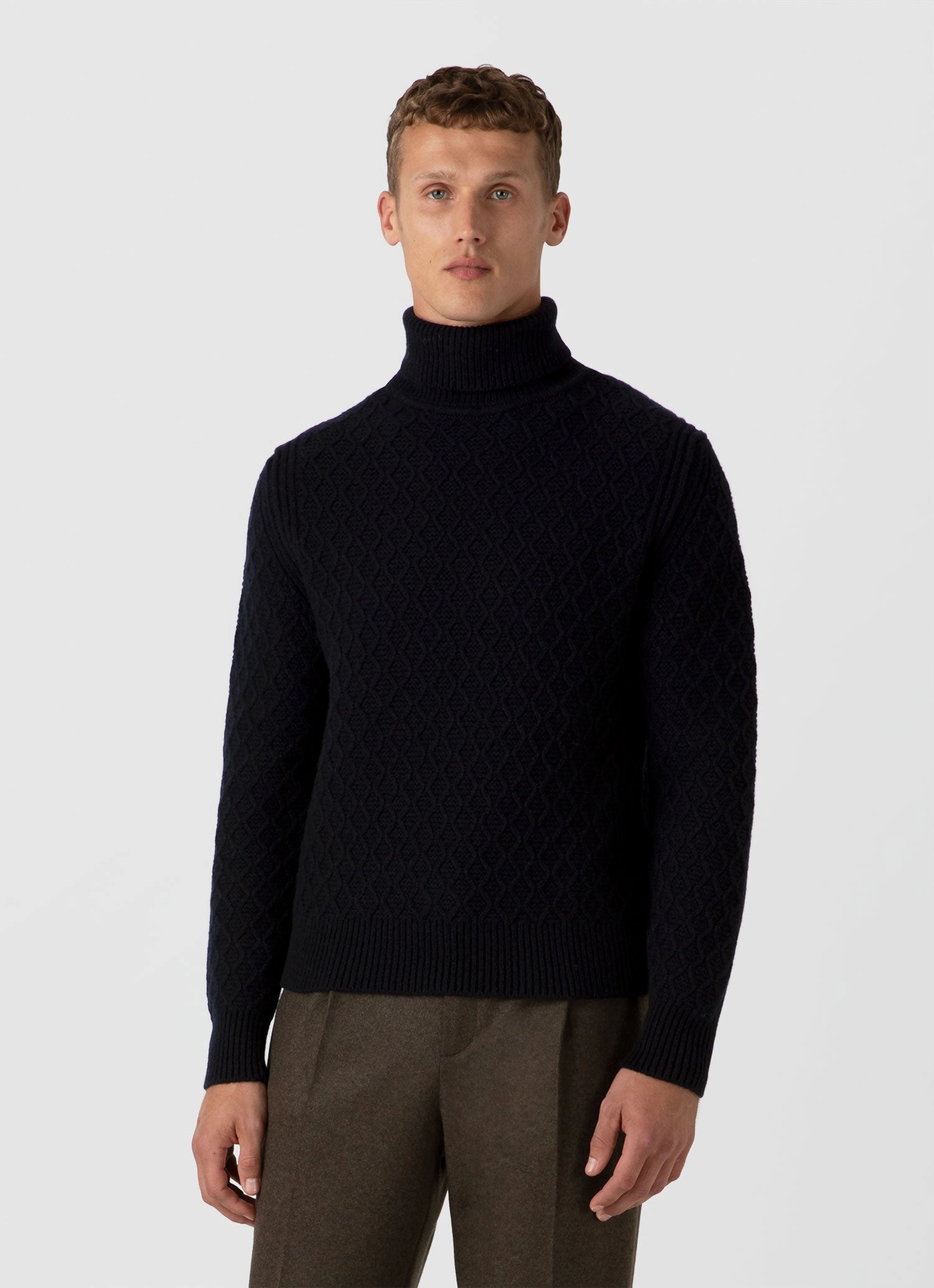 AntiStatic Lining Men's WM Brown Aran Roll Neck in Dark Navy Mouline