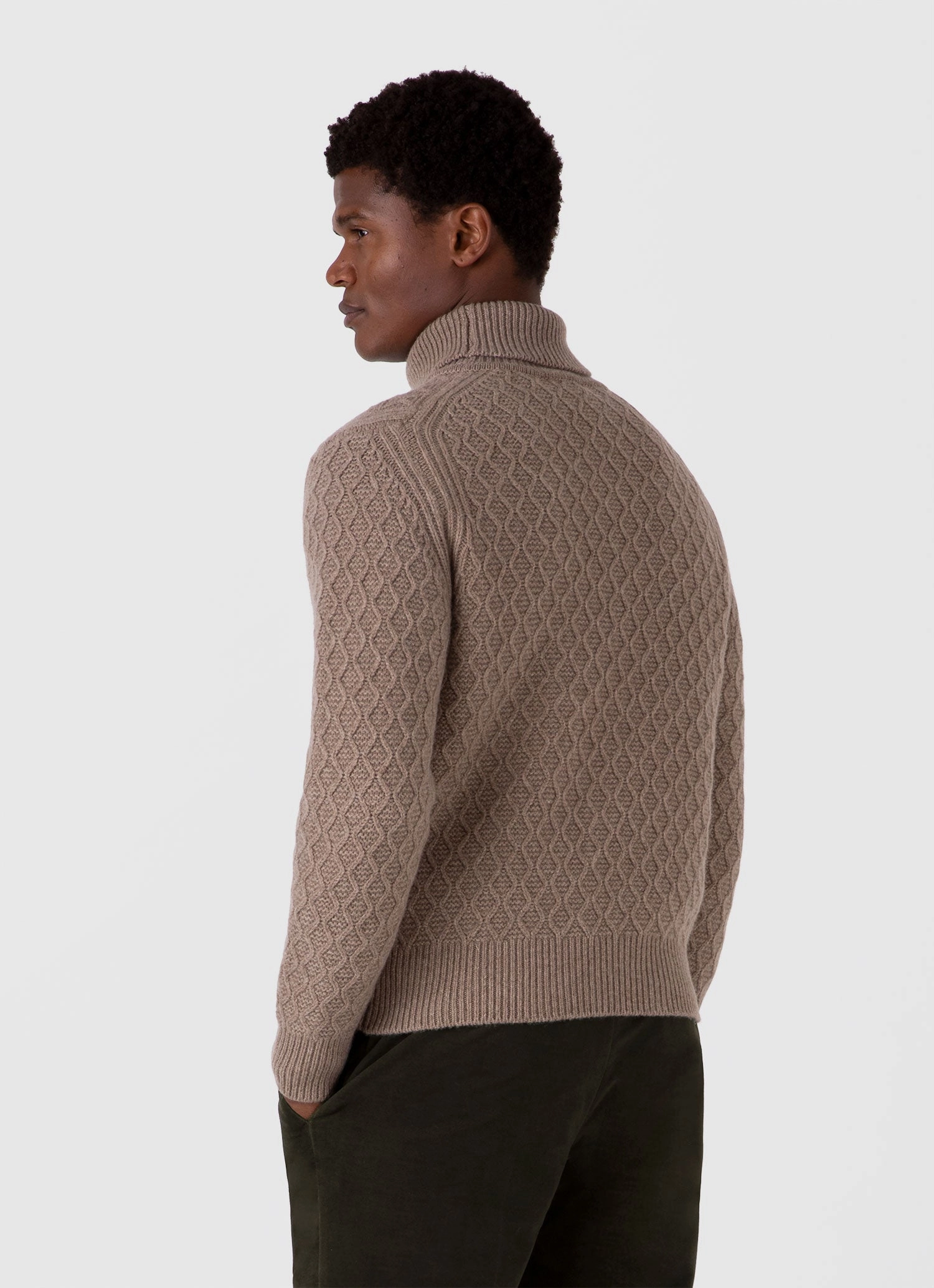 Men's WM Brown Aran Roll Neck in Natural Brown NonRestrictive Fit OdorResistant Finish