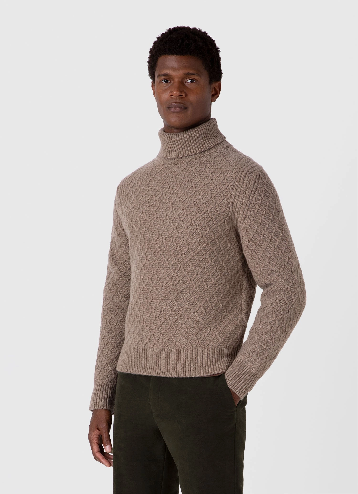 All Season Men's WM Brown Aran Roll Neck in Natural Brown