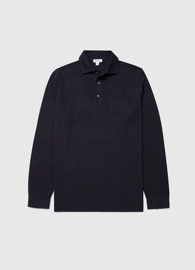 Men's WM Brown Long Sleeve Polo Shirt in Navy Professional Comfort Men's WM Brown Long Sleeve Polo Shirt in Navy Tagless Neck Label Elegant Layer