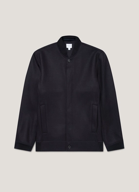 Men's Wool Bomber Jacket in Navy Non Restrictive Silhouette Men's Wool Bomber Jacket in Navy Sport Influence Mountain Hike